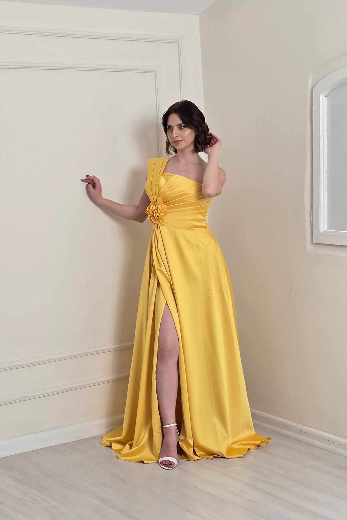 Yonca Moda Evi Sarı Tek Omuz Beli Güllü ABİYE 7440
