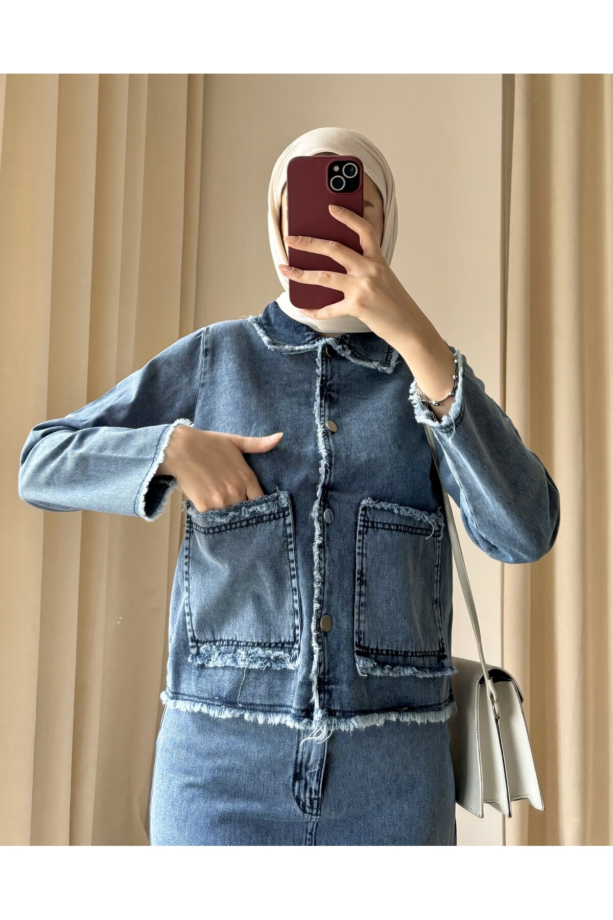 Suede Style  8942-1 - Bel Kuşak Detaylı 4 Cepli Rahat Şık Kadın Kot Ceket - Görsel 2