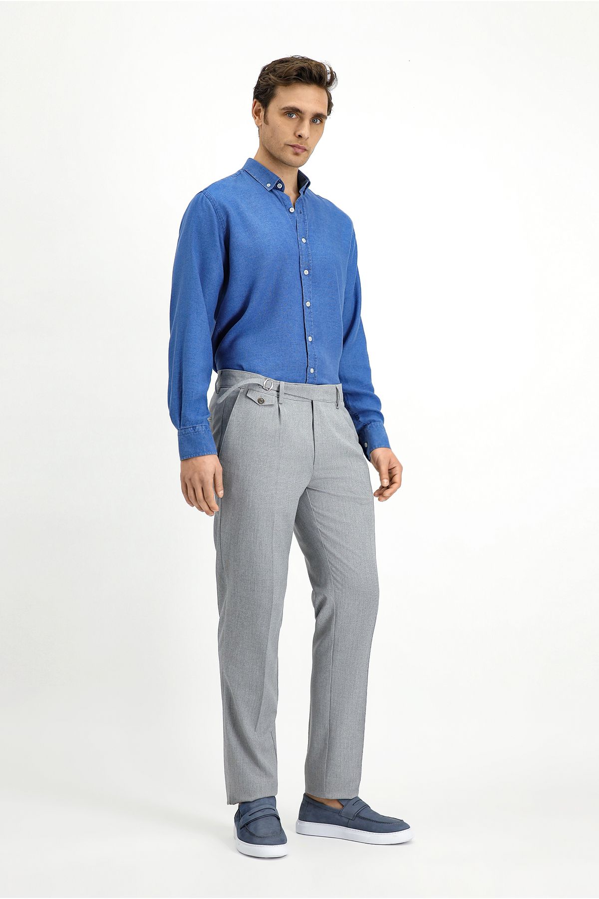 Kiğılı Slim Fit Dar Kesim Likralı Desenli Tokalı Pileli Klasik Kumaş Pantolon