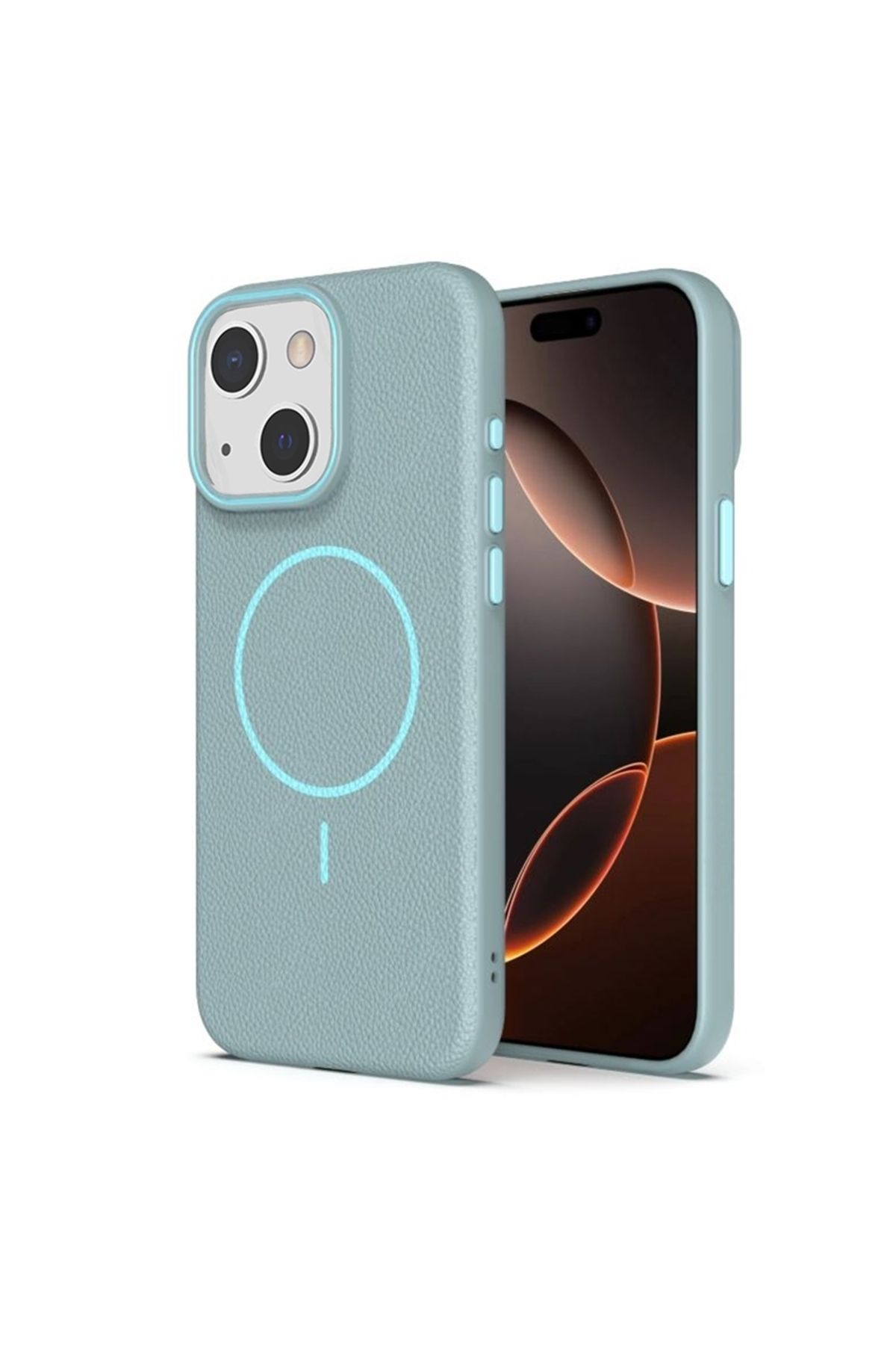 Apsuwa iPhone 15 uyumlu Kılıf Lichee Deri Desen Silikon Kablosuz Şarj Özellikli Turkuaz