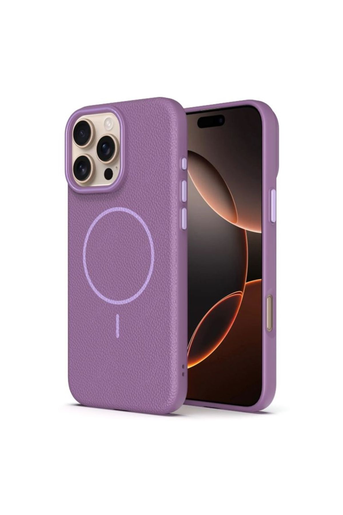 Apsuwa iPhone 16 Pro uyumlu Kılıf Lichee Deri Desen Silikon Kablosuz Şarj Özellikli Mürdüm