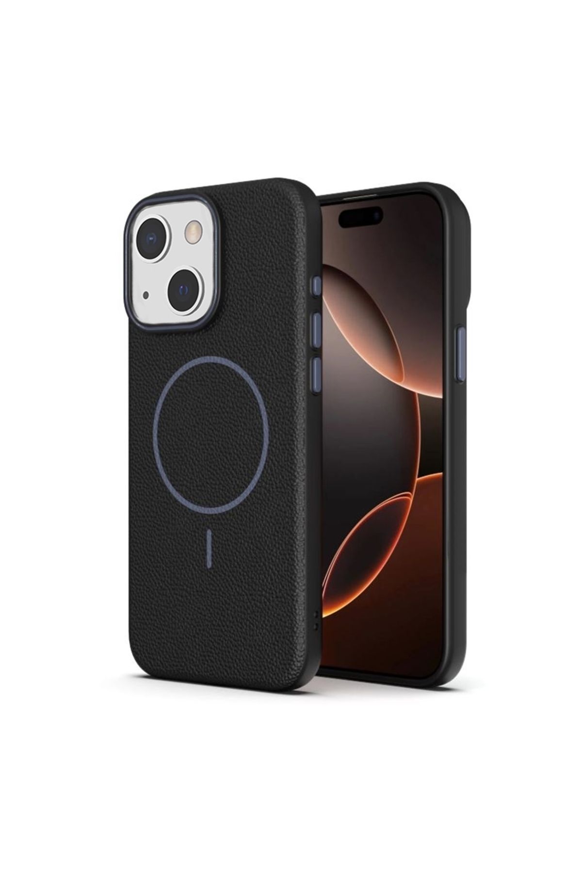 Apsuwa iPhone 15 uyumlu Kılıf Lichee Deri Desen Silikon Kablosuz Şarj Özellikli Siyah