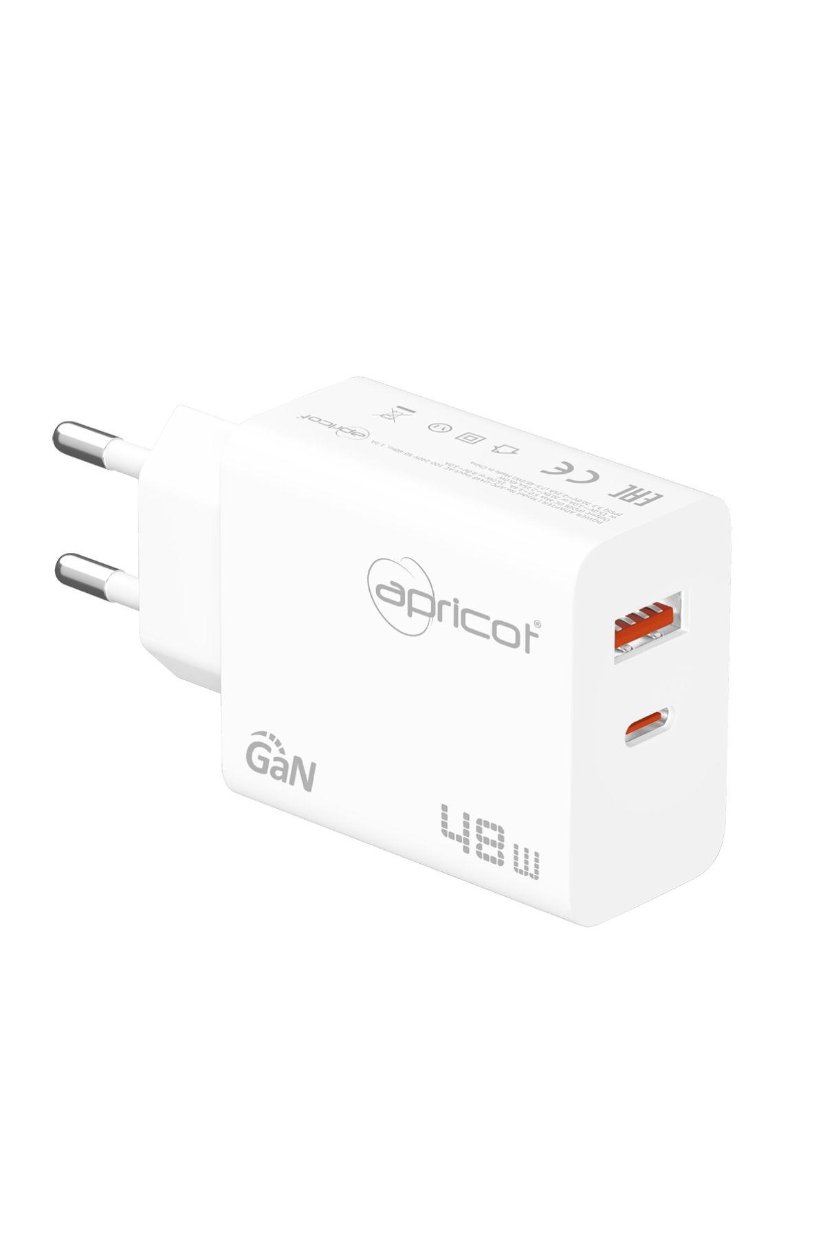 Apricot APC-U448 48W GaN Teknoloji Beyaz USB + PD Girişli Hızlı Ev Şarj Adaptörü