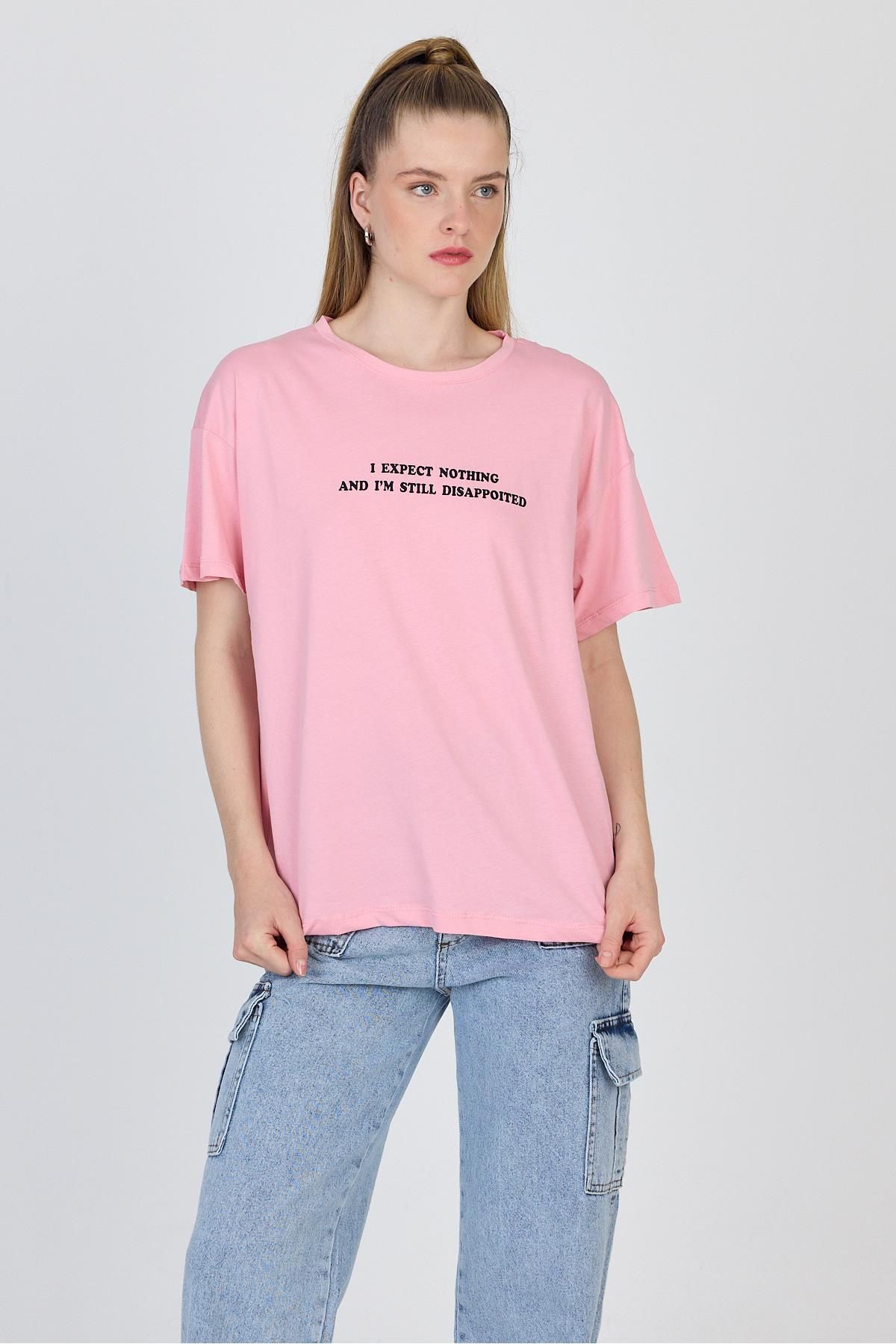 Rays Pembe Yazı Baskılı %100 Pamuk Oversize Tişört 2150-8M