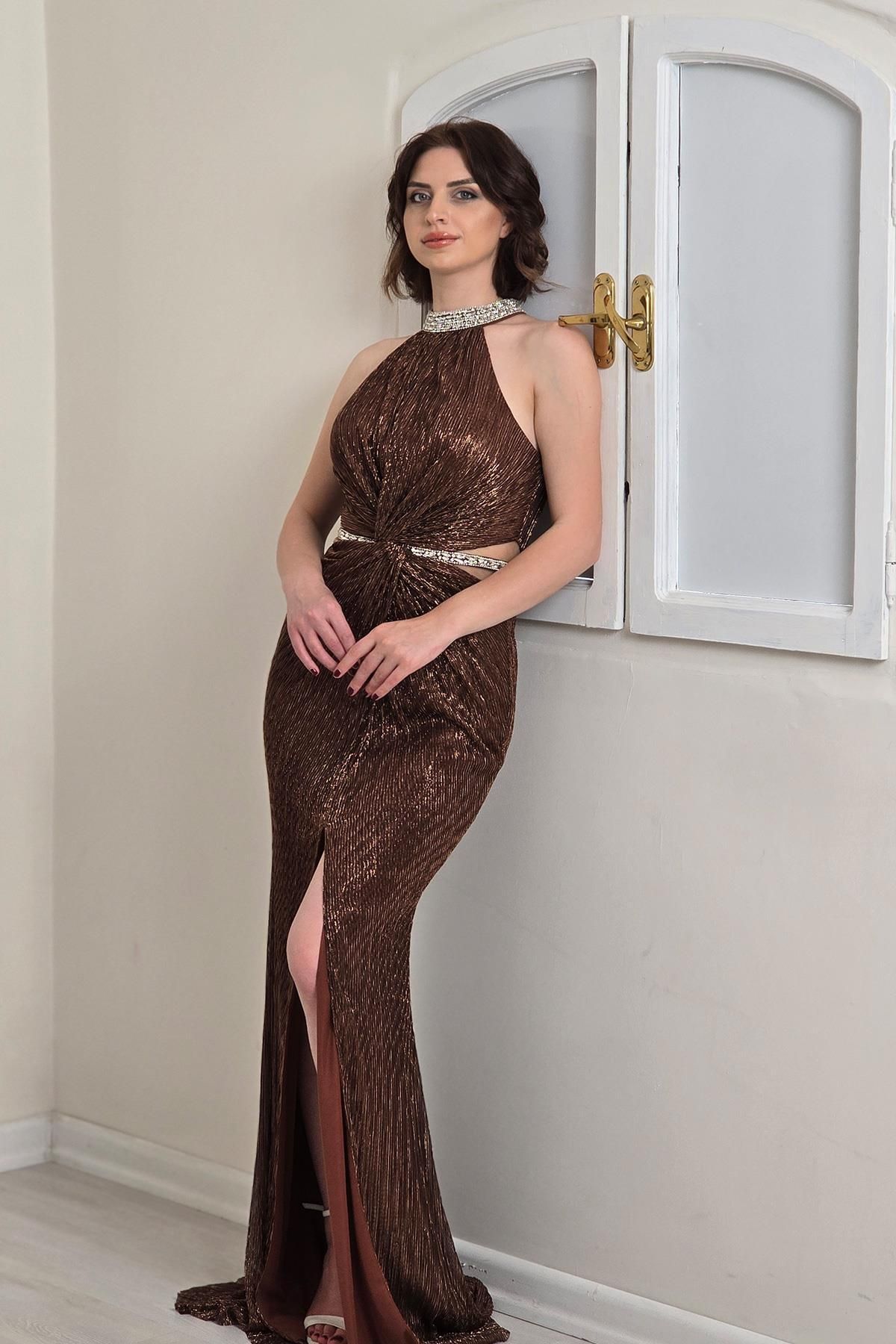 Yonca Moda Evi Bakır Boyundan Bağlı Taşlı Abiye 1083