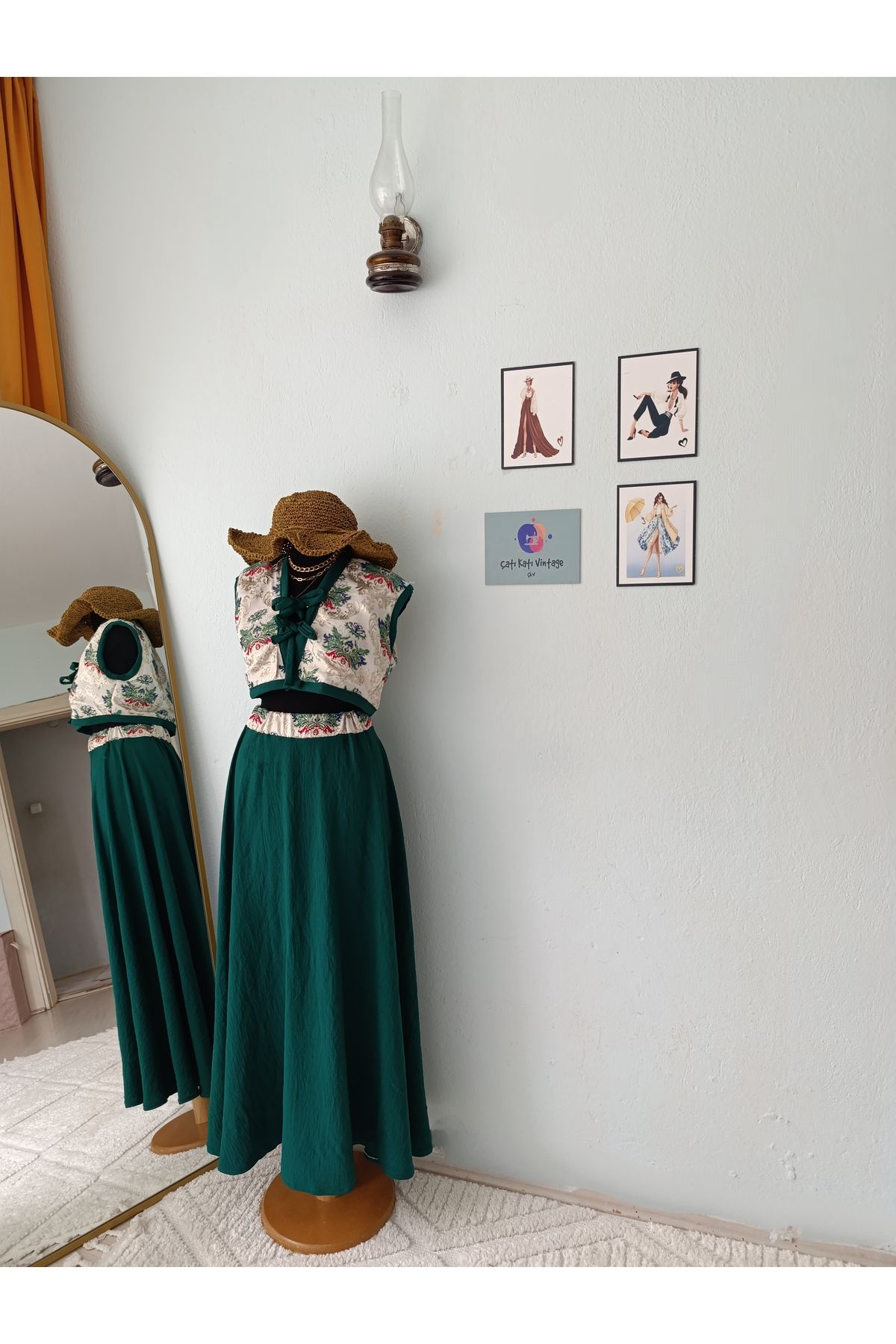 ÇATI KATI Çatı Katı Vintage Özel Tasarım Bohem Etek Crop Takım