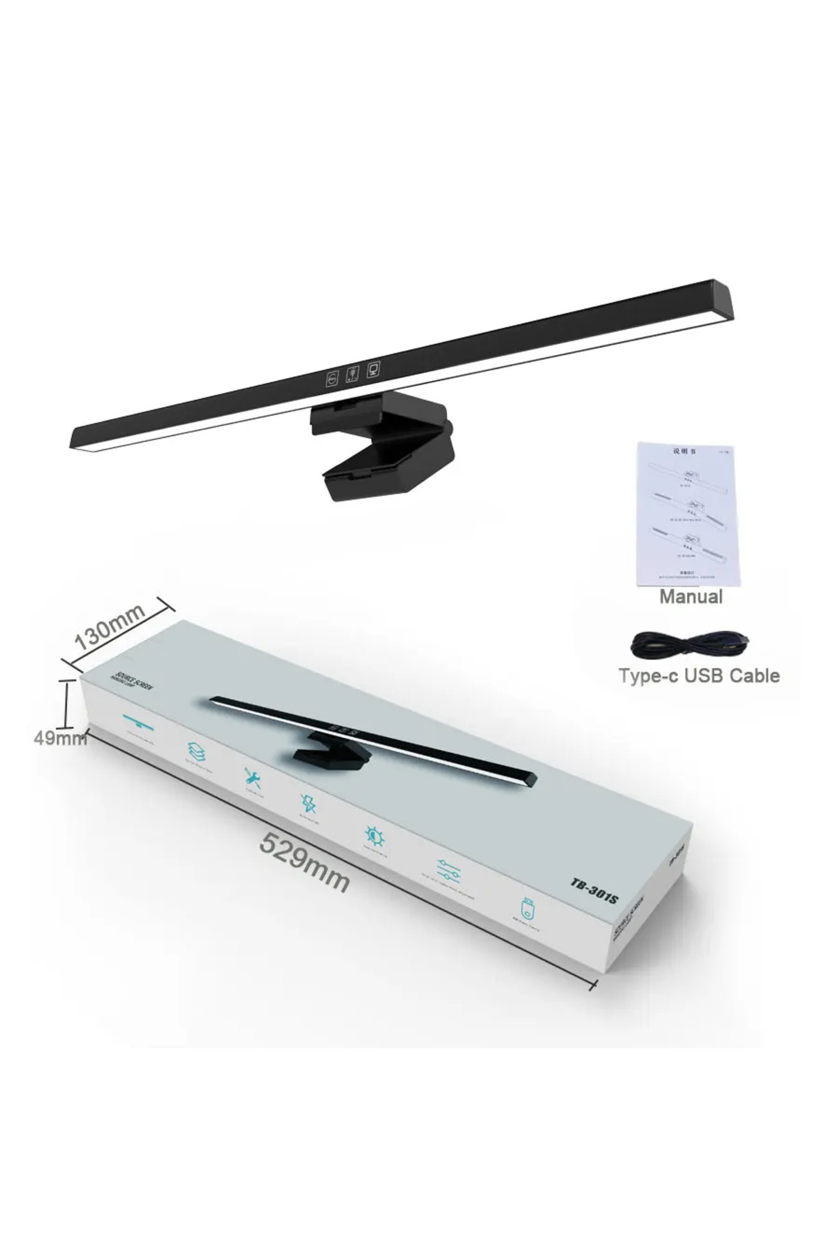 Black 50 cm computer screen lighting strip with hanging lights with dimming without steps and USB port desk lamp for study