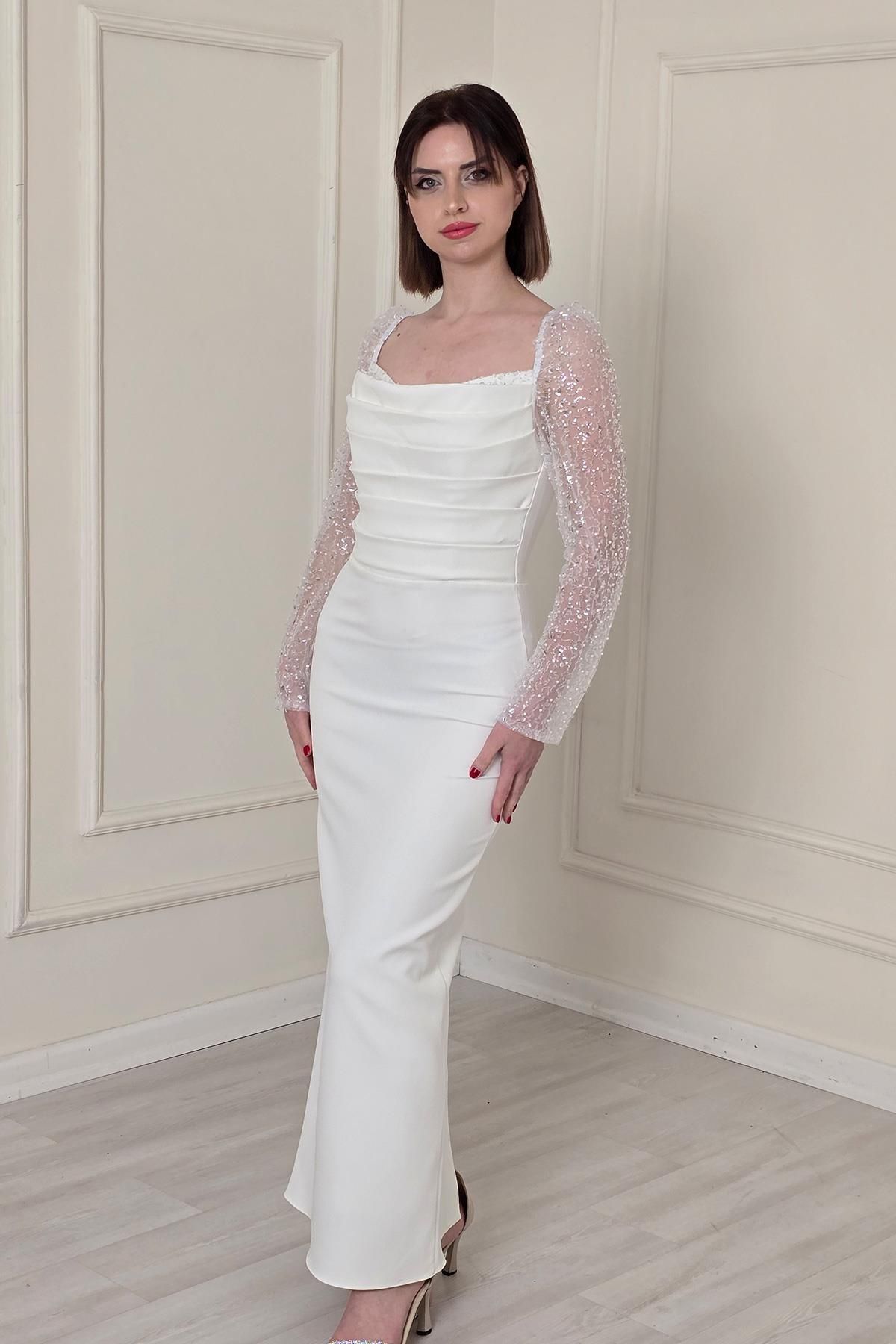 Yonca Moda Evi Beyaz Kollar Pullu Abiye 8315