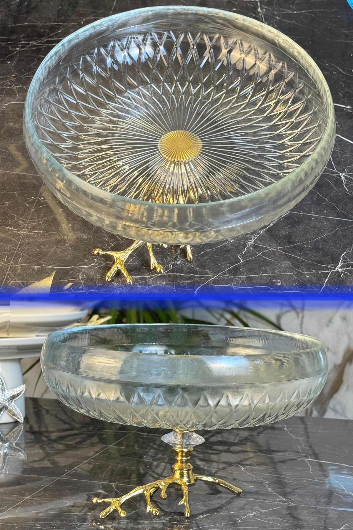 MAY HOME Gold Dal Ayaklı Cam Sunum Kase & Meyve Salata Servis