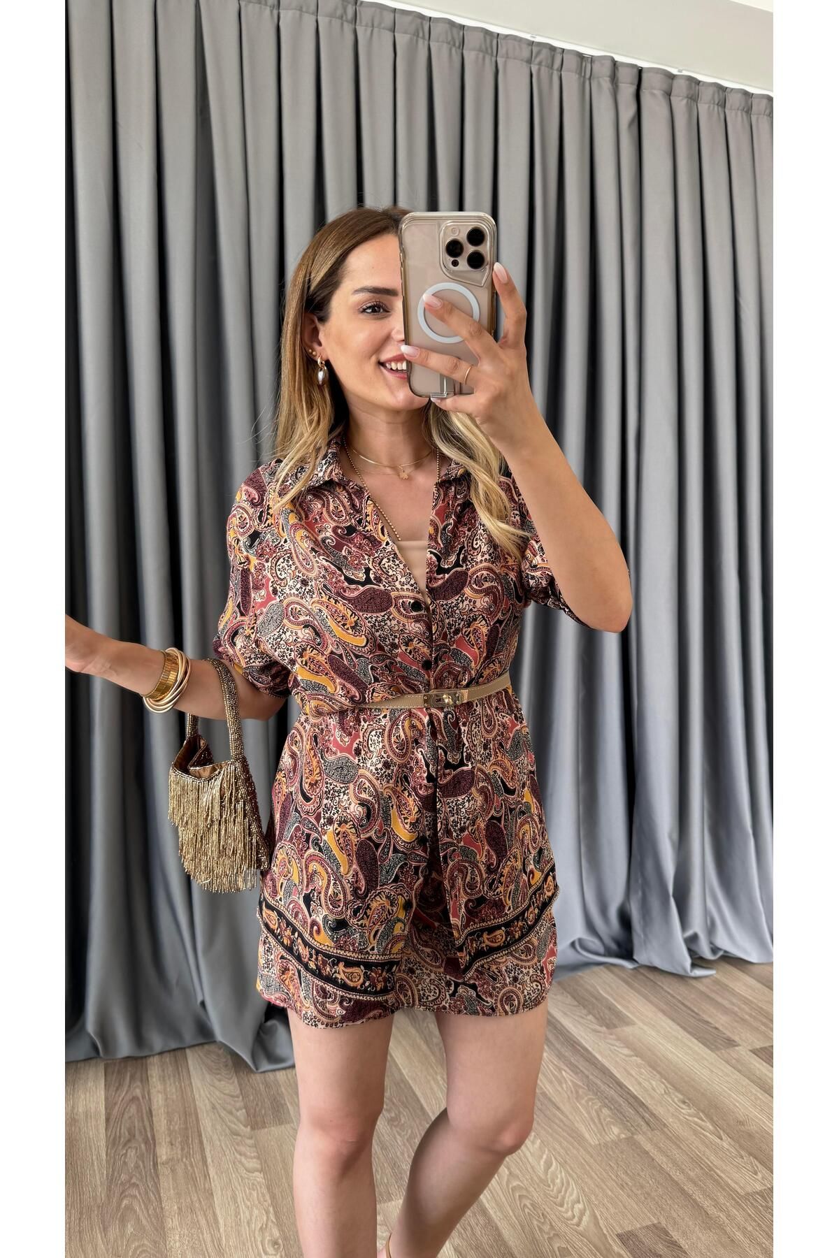 pelin yıldız butik Etnik Desenli Şort Etekli Takım