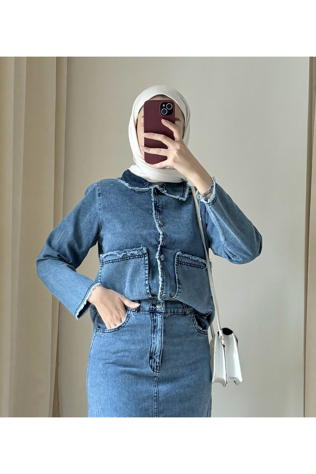 Suede Style  8942-1 - Bel Kuşak Detaylı 4 Cepli Rahat Şık Kadın Kot Ceket - Görsel 3
