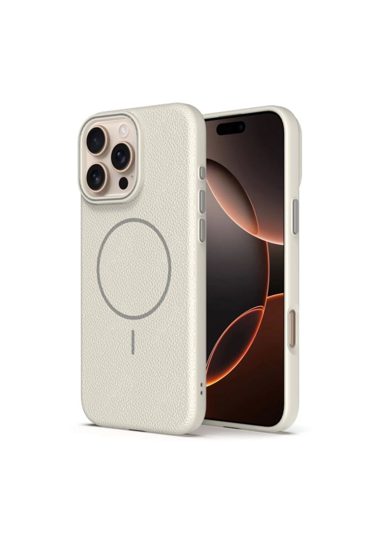 Apsuwa iPhone 14 Pro Max uyumlu Kılıf Lichee Deri Desen Silikon Kablosuz Şarj Özellikli Krem