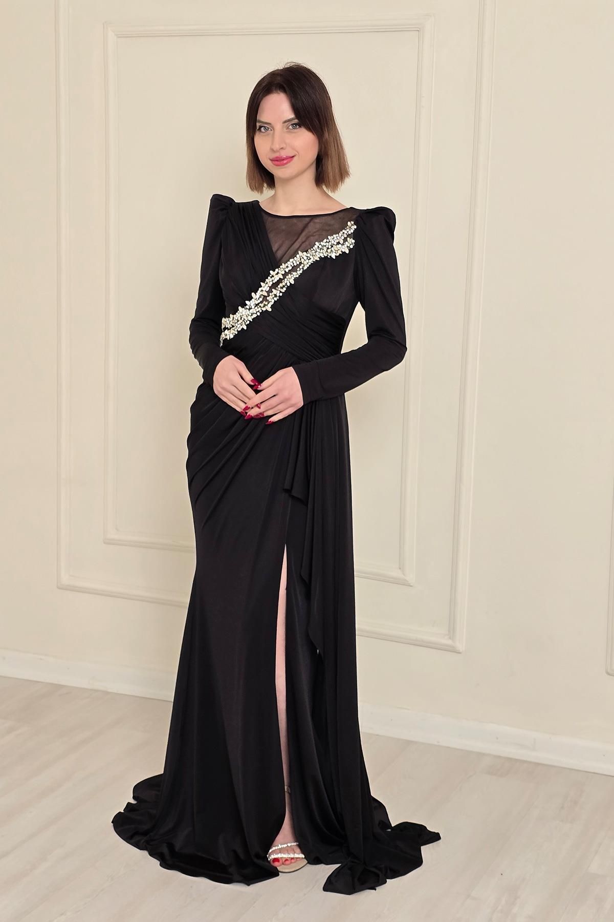 Yonca Moda Evi Siyah Taş İlemeli Buzzy Abiye 5285