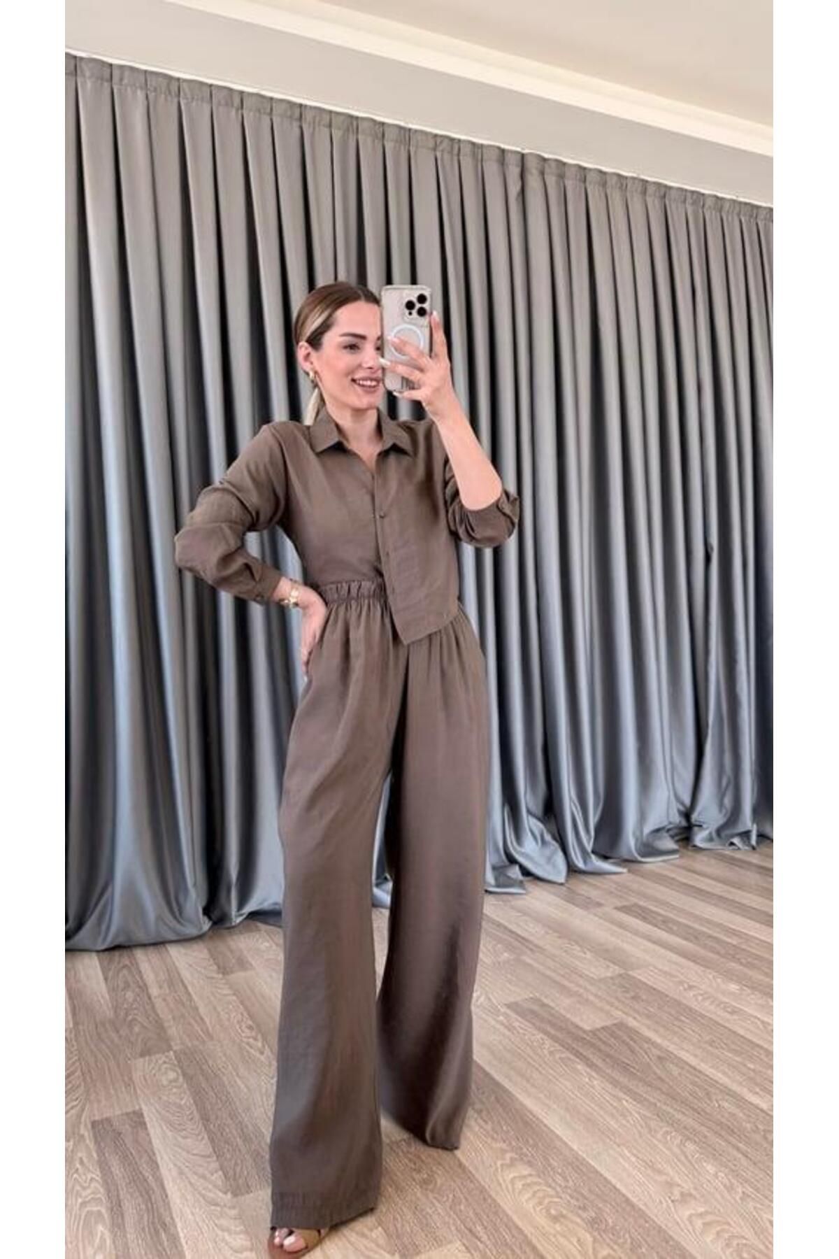 pelin yıldız butik Mabel Crop Beli Lastikli Pantolon Takım