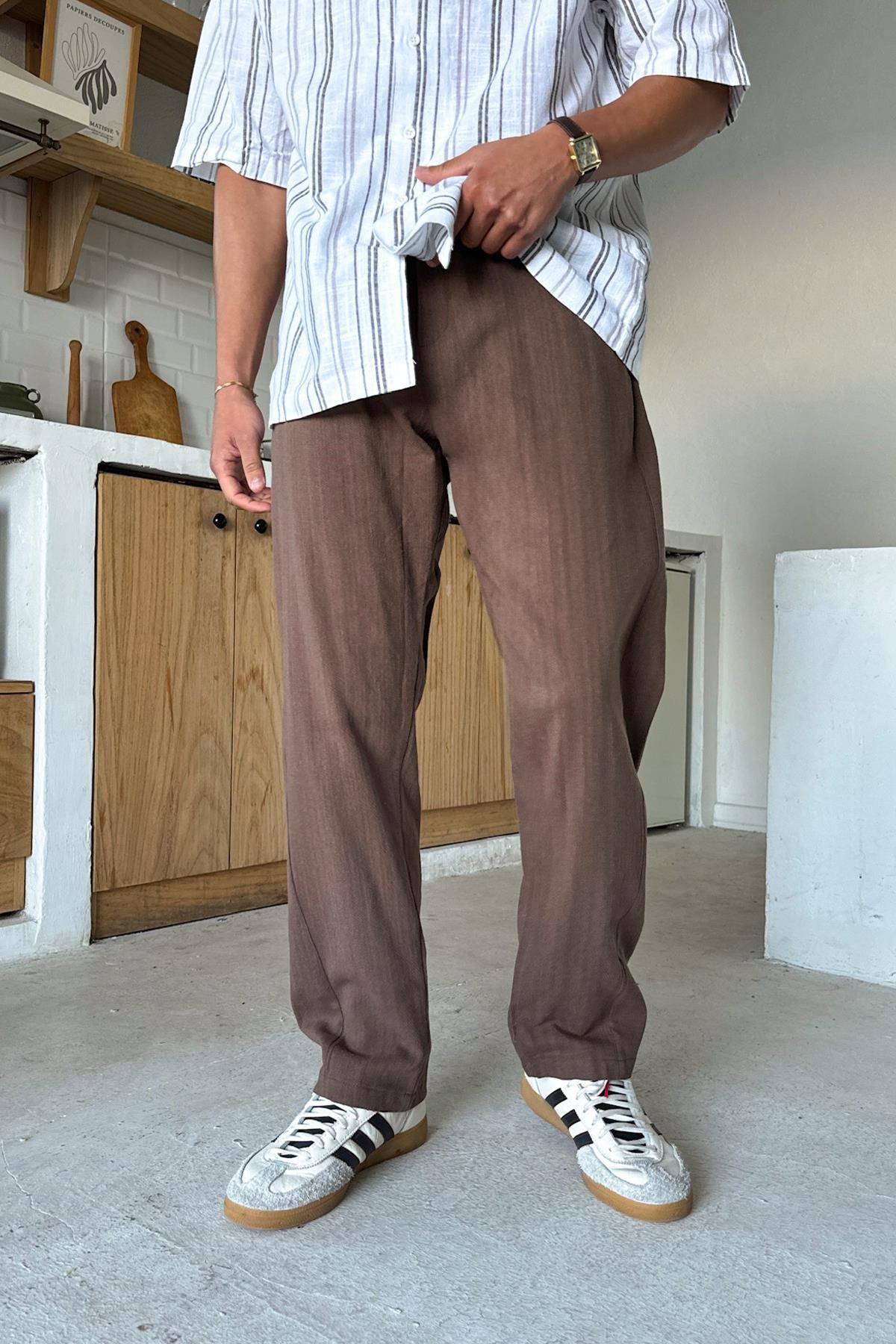 Flaw Wear Kahverengi Bel Lastikli Keten Pantolon