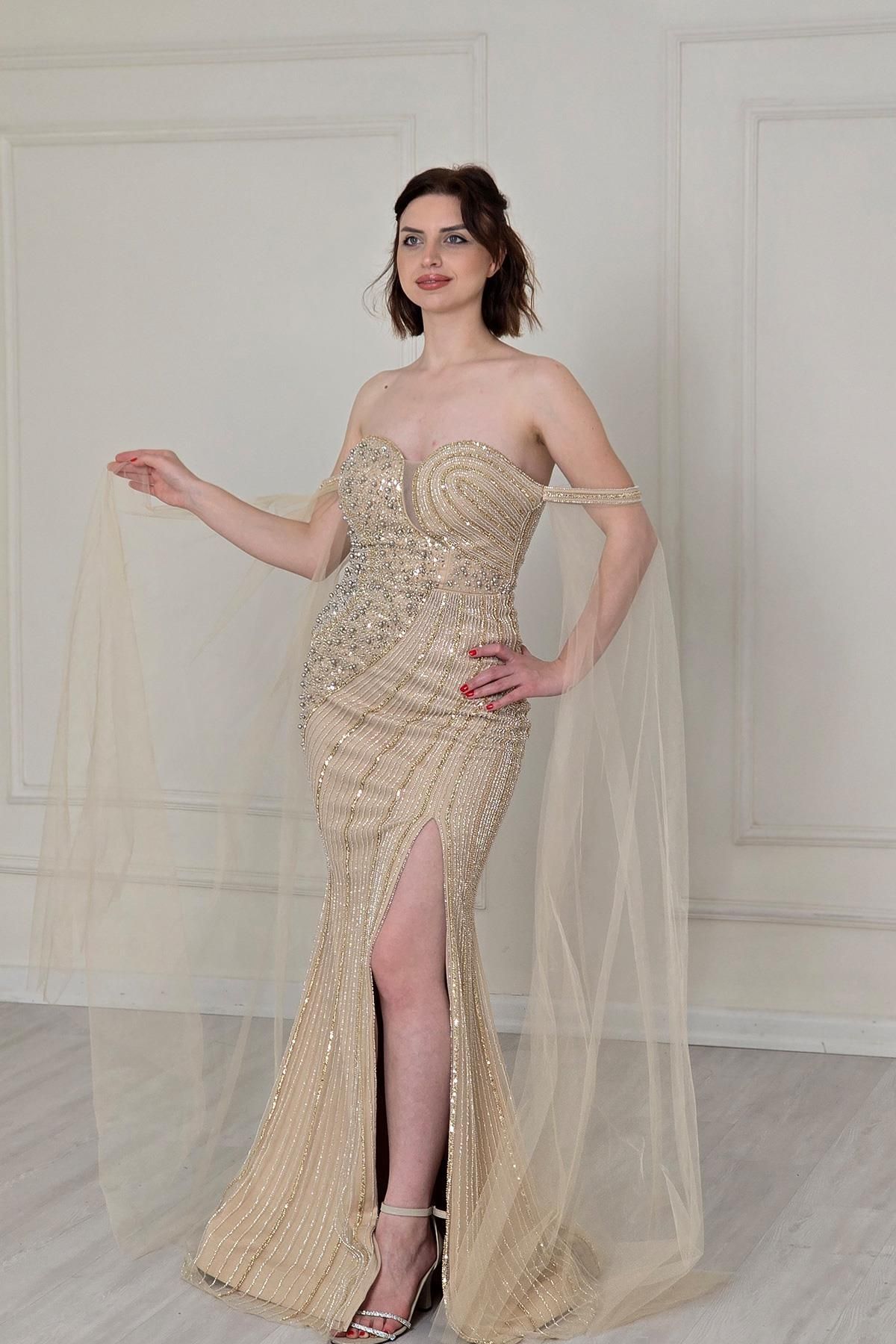 Yonca Moda Evi Gold Tül Detaylı Abiye 910