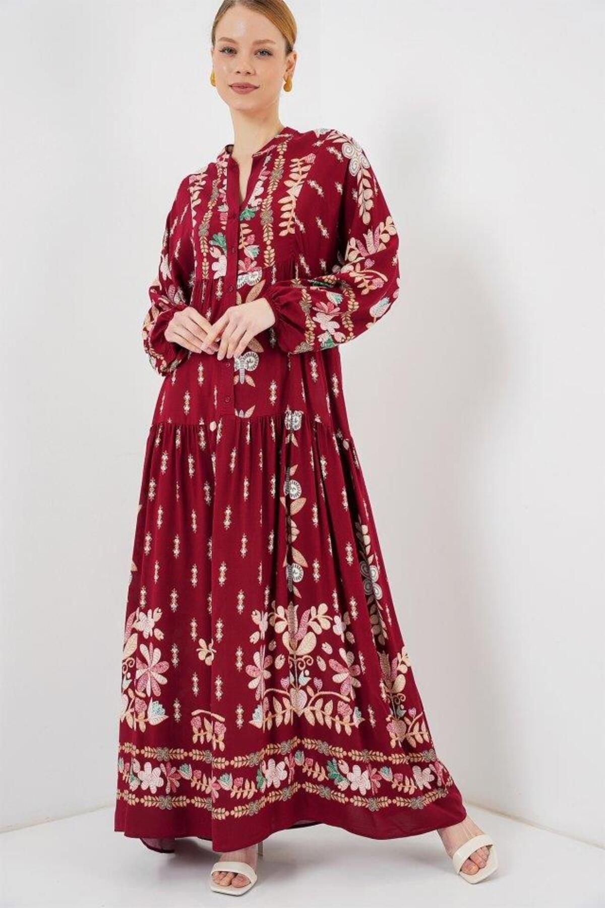 Aymood-2423 Rochie Hijab Autentică cu Motiv - H. Roșu Claret 4