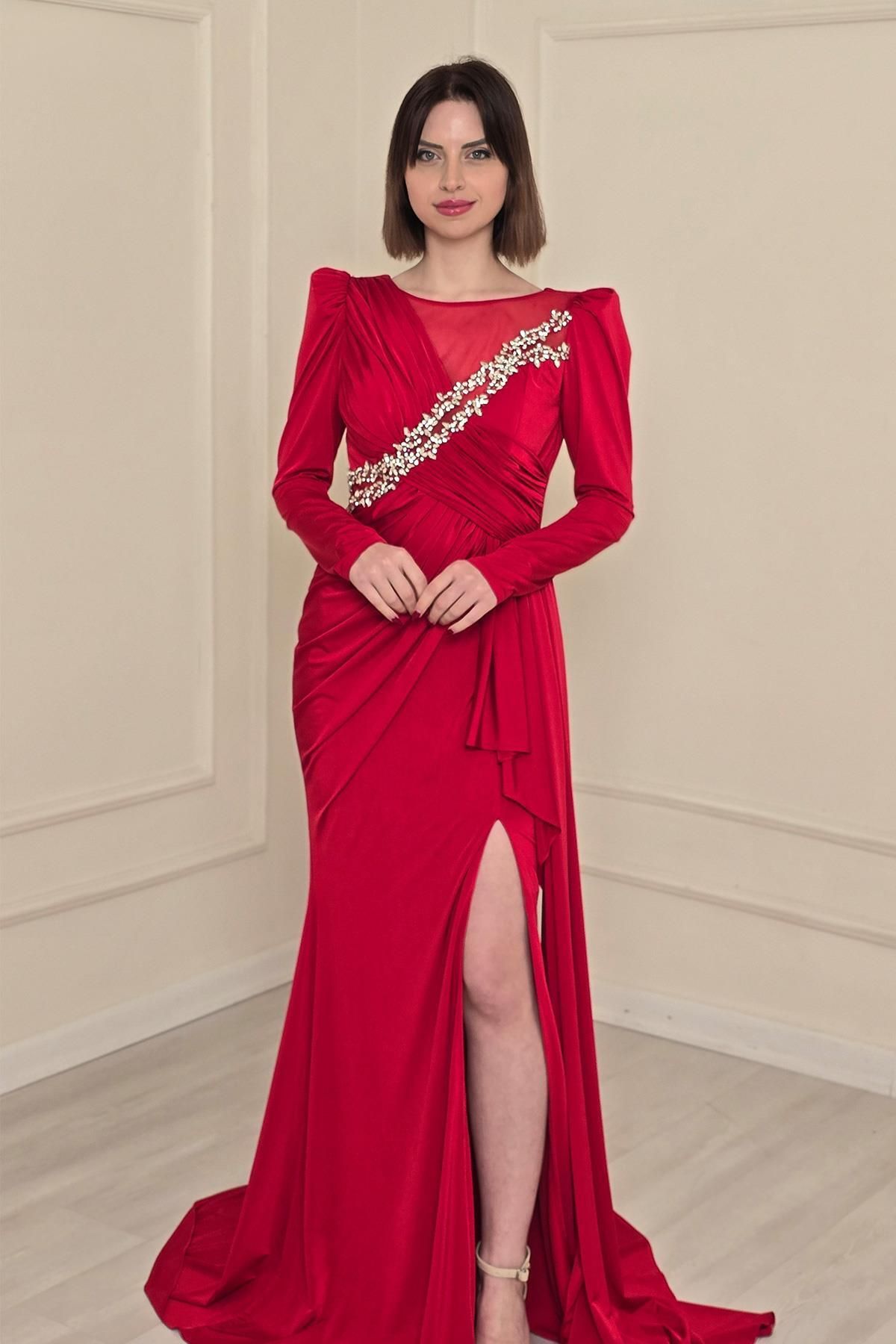 Yonca Moda Evi Kırmızı Taş İlemeli Buzzy Abiye 5285