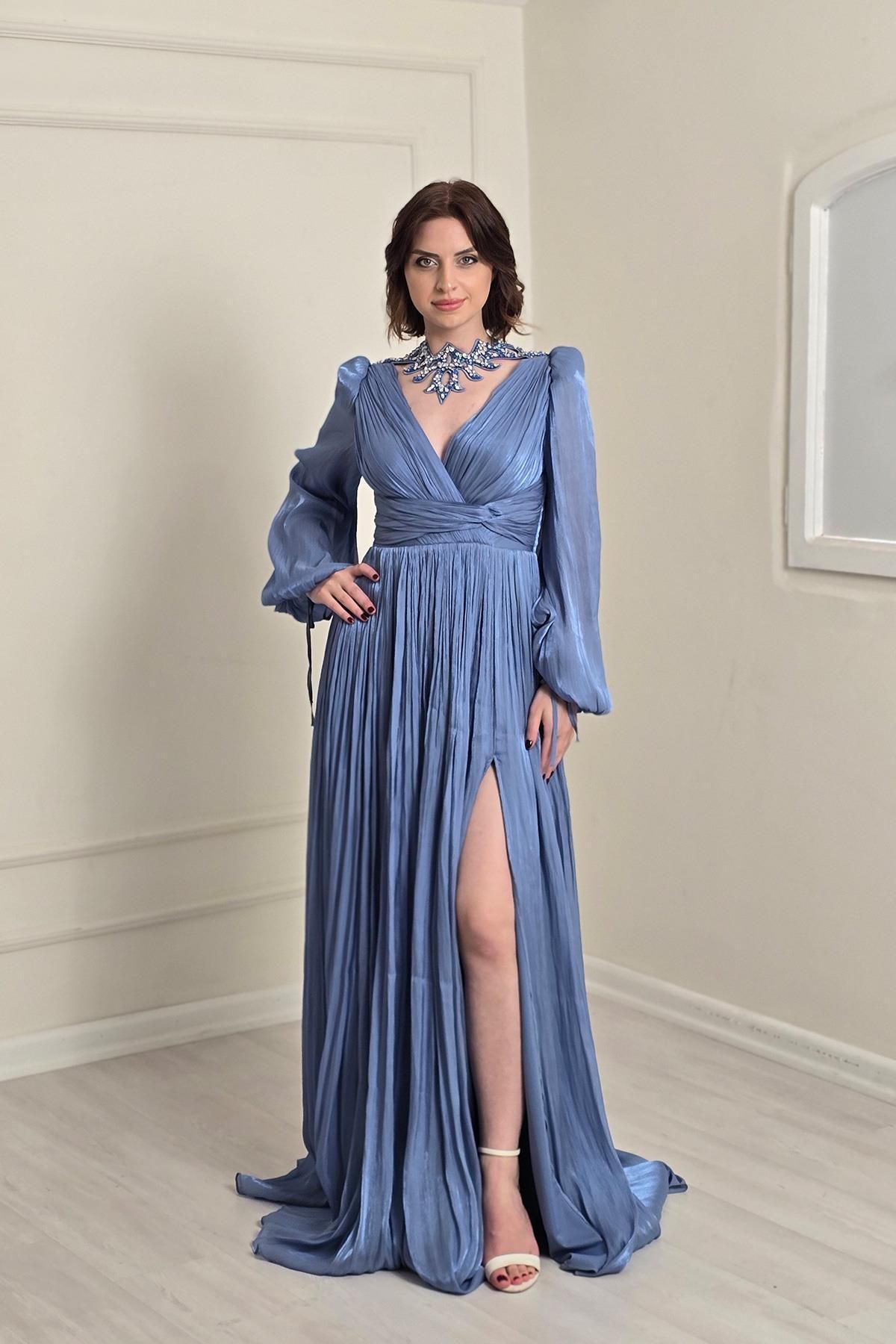 Yonca Moda Evi İndigo Yakalı Abiye 8495