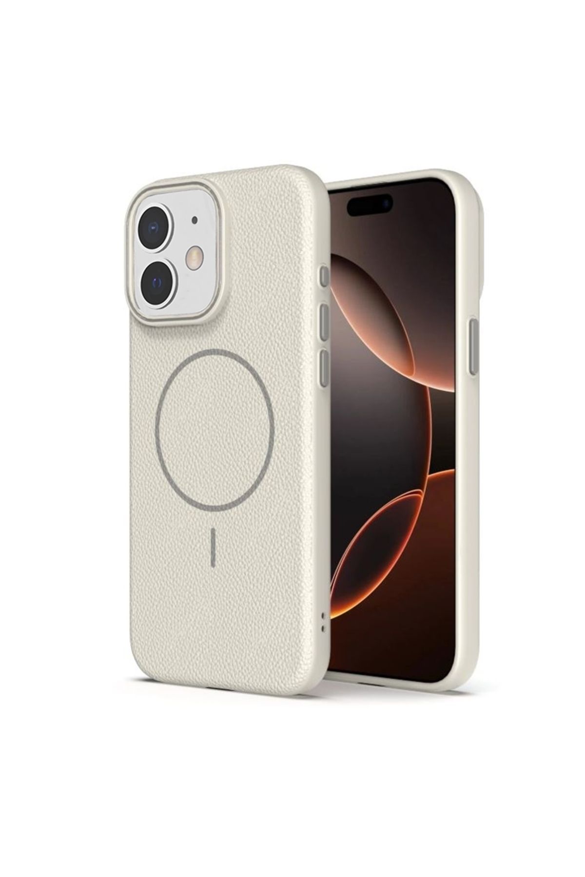 Apsuwa iPhone 11 uyumlu Kılıf Lichee Deri Desen Silikon Kablosuz Şarj Özellikli Krem