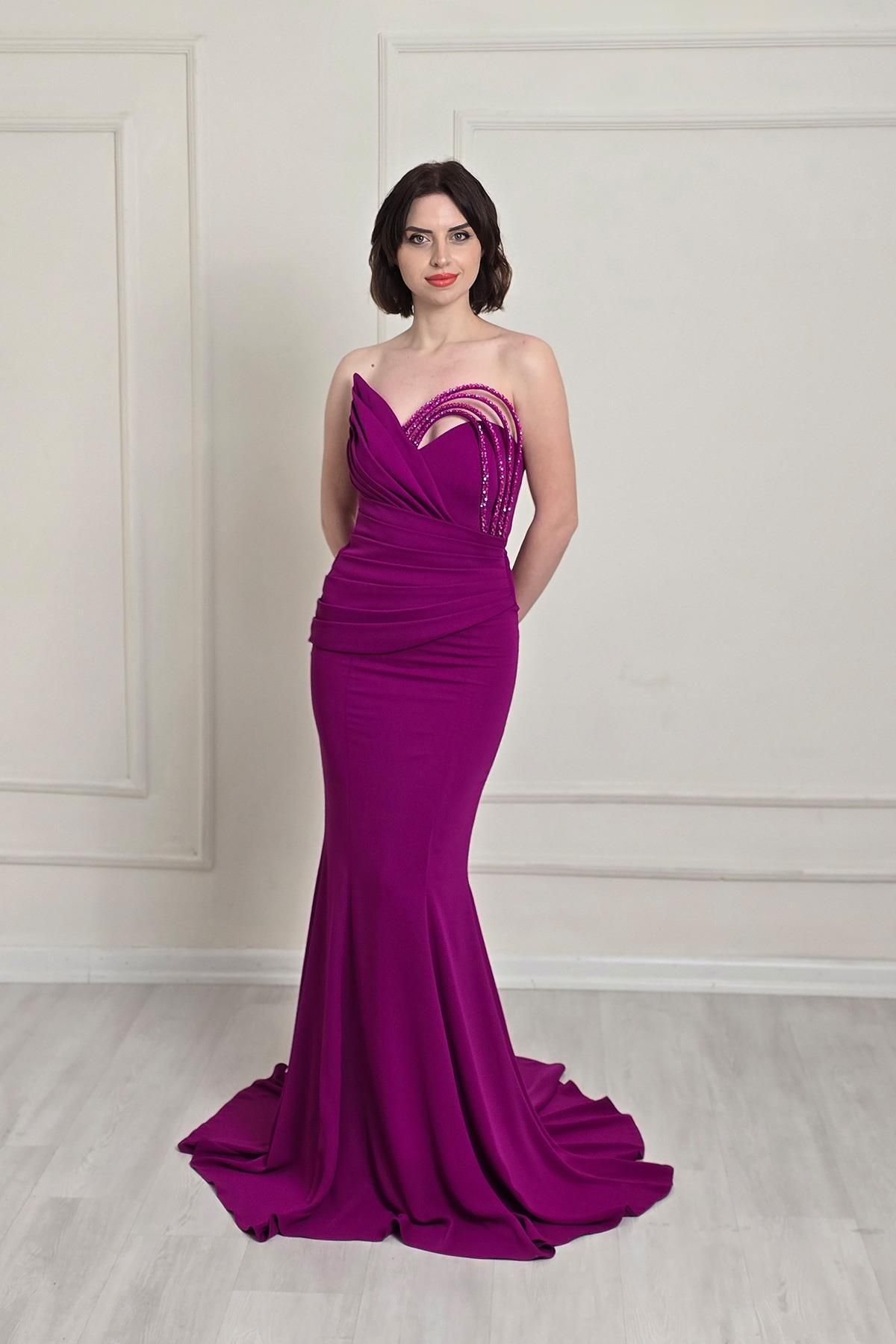 Yonca Moda Evi Mor Üç Biyeli Drapeli Abiye 5385