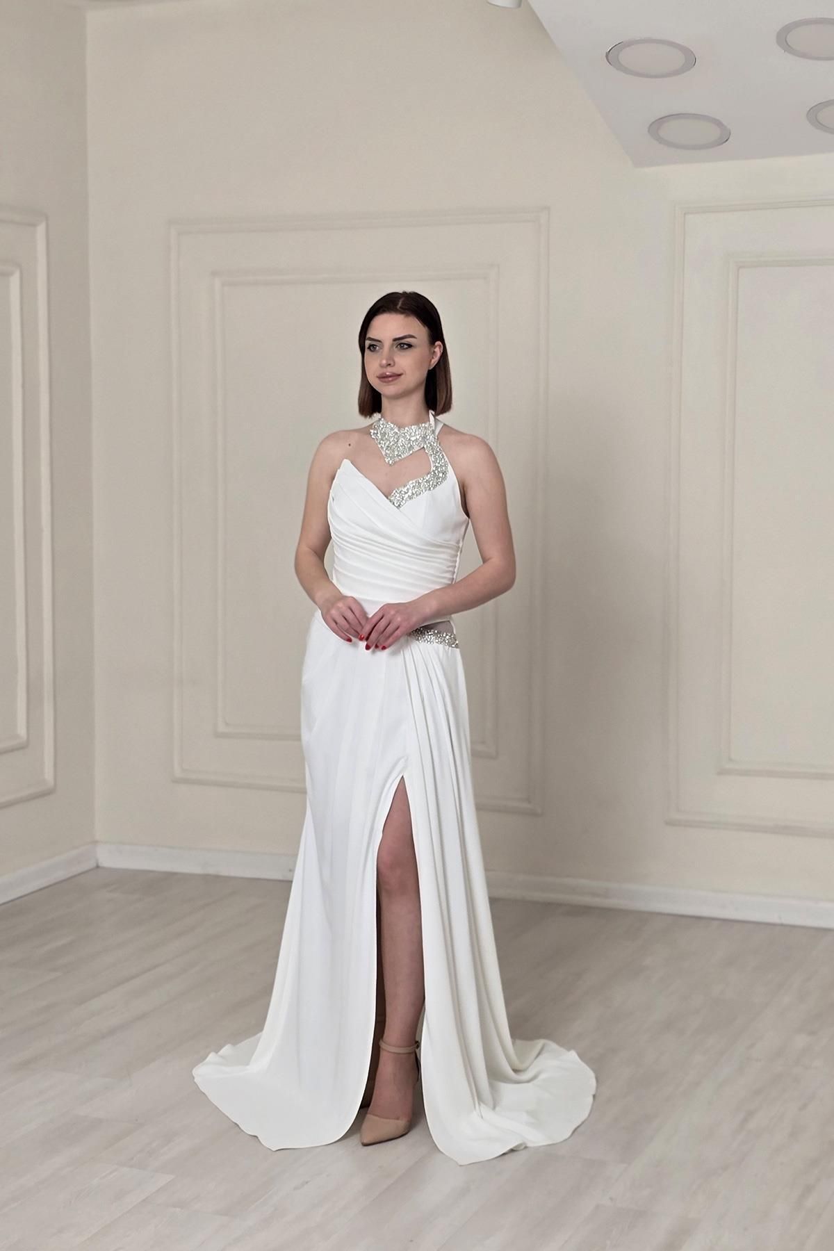 Yonca Moda Evi Beyaz Boyundan Bağlamalı Abiye 5260