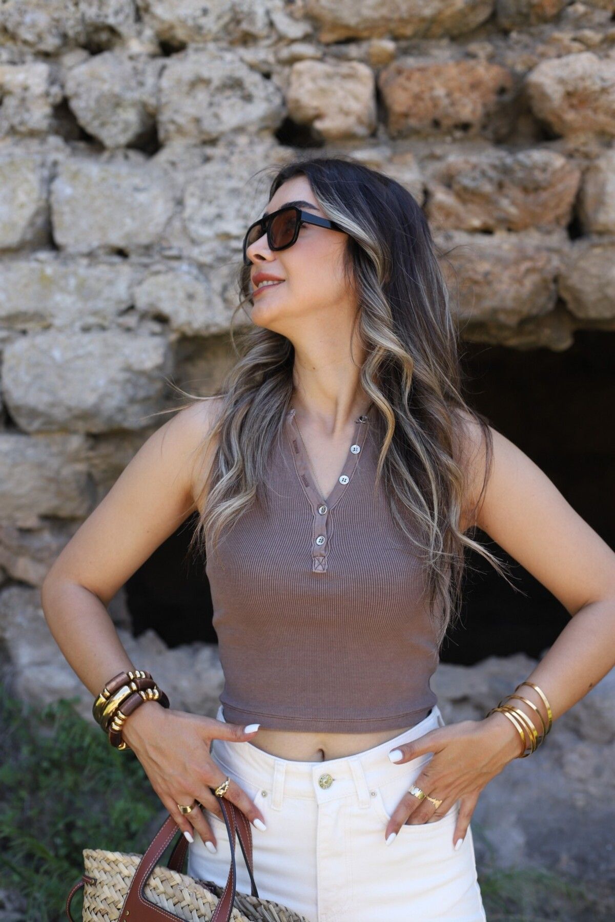 bytugcekaya Kahve Düğmeli Yıkama Efektli Crop