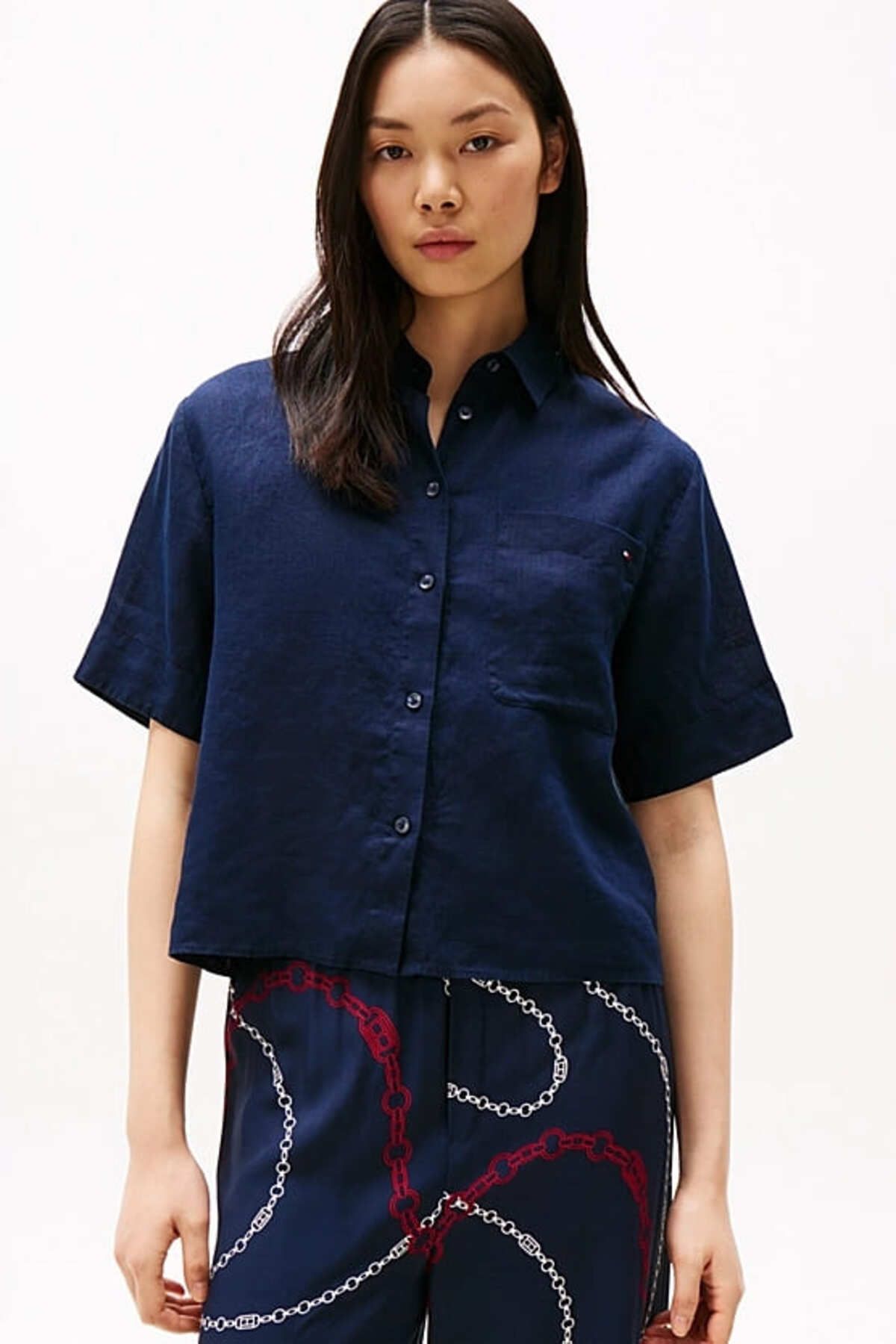 Tommy Hilfiger Kadın Th Relaxed Keten Gömlek - Lacivert