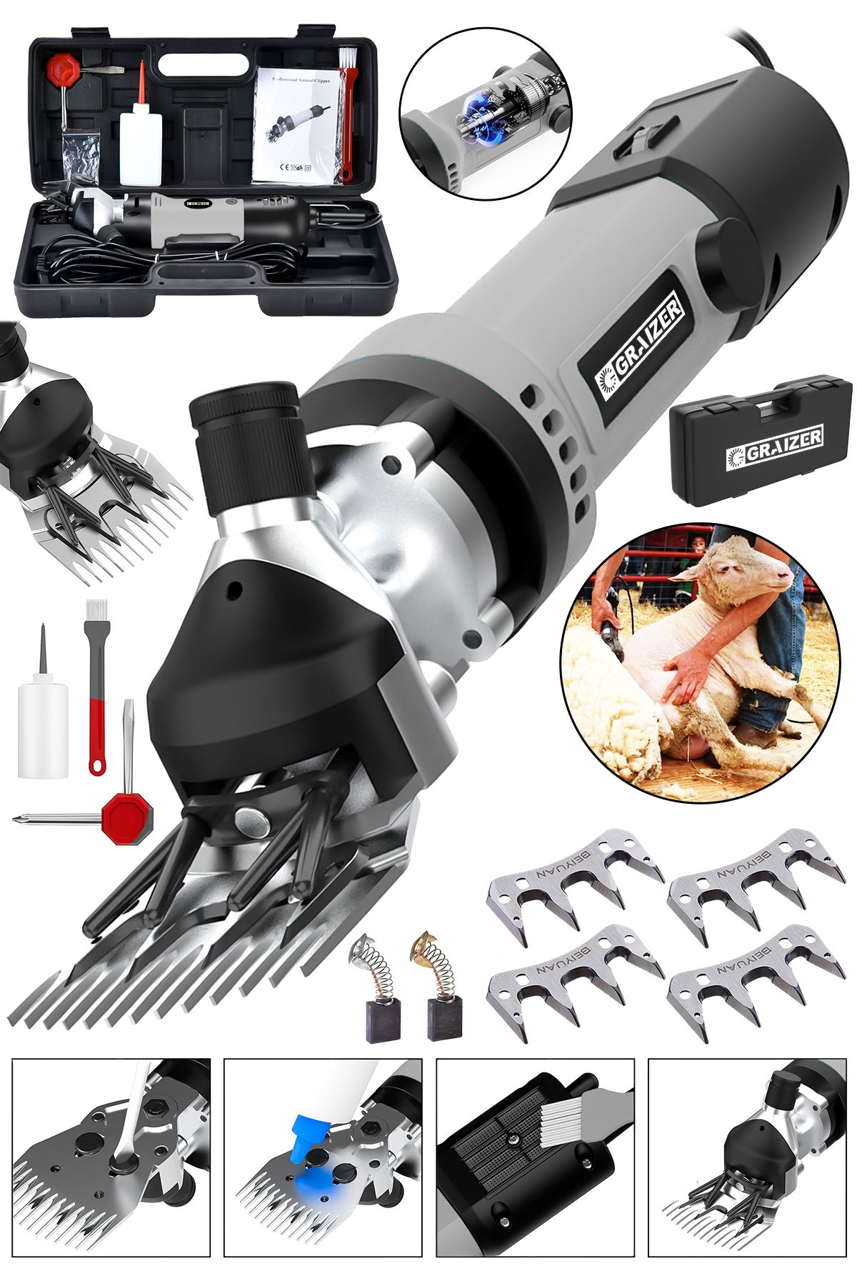 Graizer Powerforge 9800 Watt Çift Kartlı Metal Şanzıman Isınmaya Karsı Korumalı Koyun Kırkma Makinesi-Gri