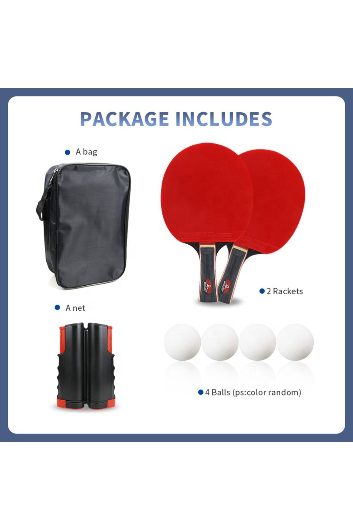 LEBLOU-Complete ping pong set with 2 table tennis paddles, retractable net, 4 balls and carrying bag 5