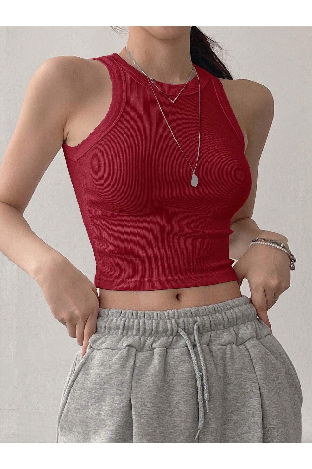 Asfa Moda Kadın Bordo Fitted/Vücuda Oturan Crop Halter Yaka Fitilli Esnek Örme Atlet