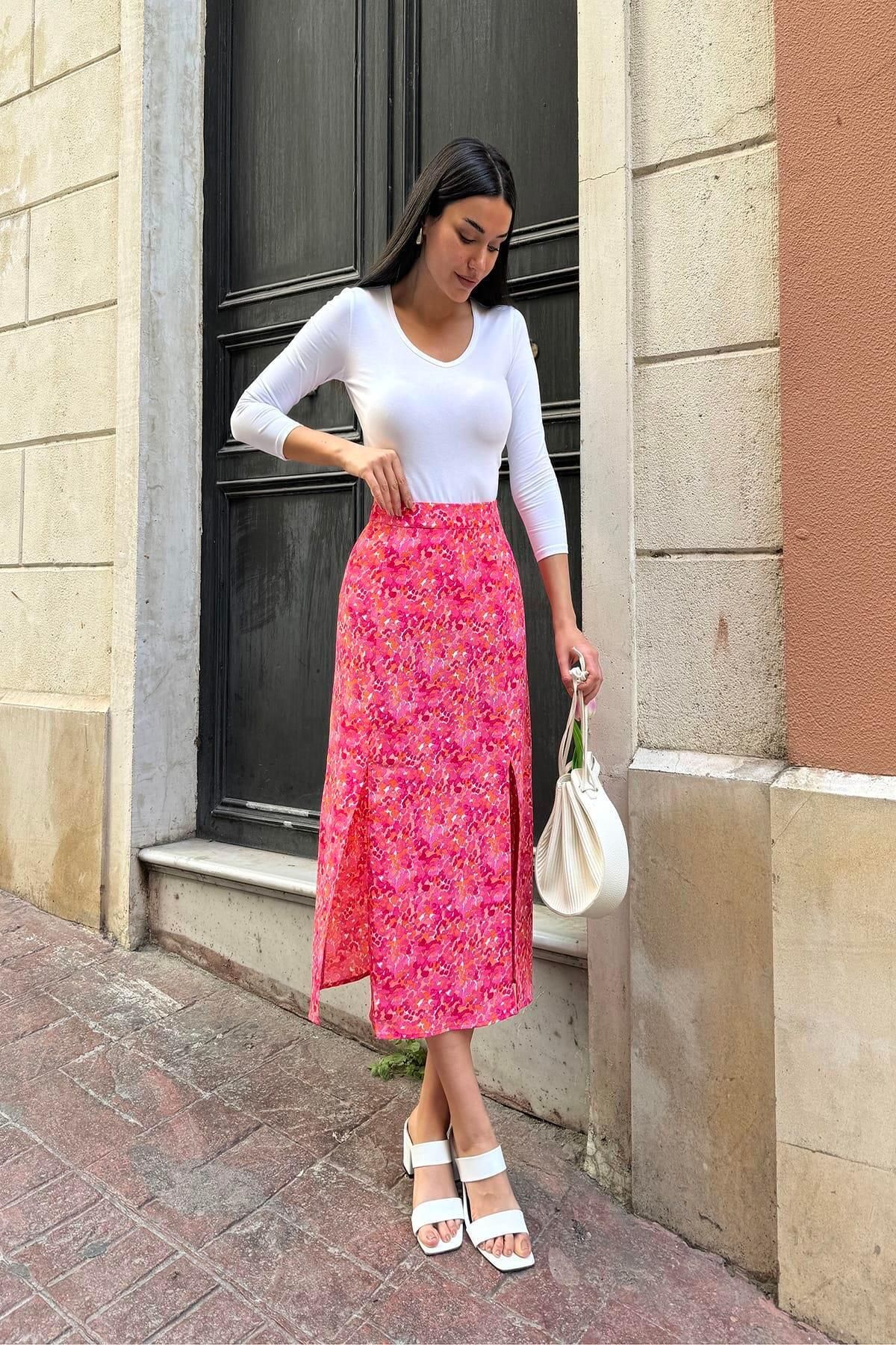 FOR YOU MODA-Natural Viscose Double Slit Patterned Fuchsia Skirt 3