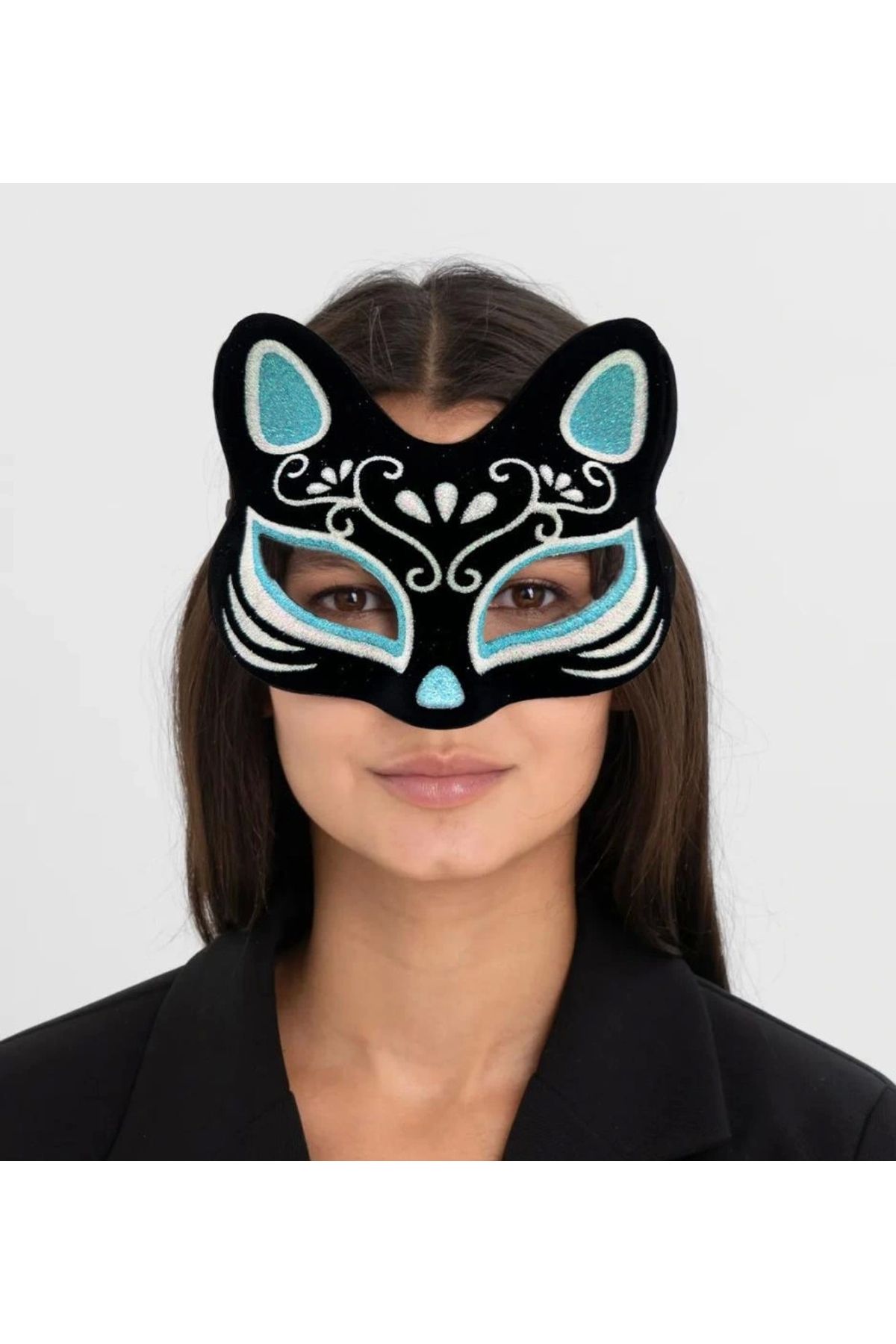 OurStyles Siyah Renk Süet Kaplama Üzeri Gümüş Mavi Simli Kedi Maskesi 17x14 cm - şık tasarım