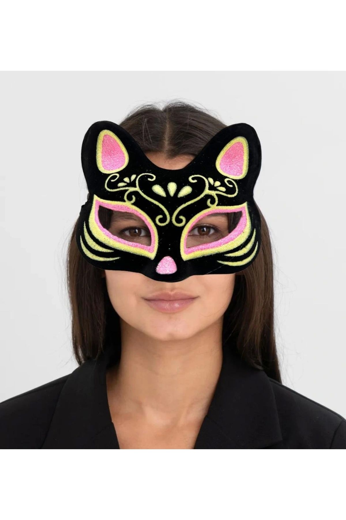 OurStyles Siyah Renk Süet Kaplama Üzeri Pembe Sarı Simli Kedi Maskesi 17x14 cm - trend ürün
