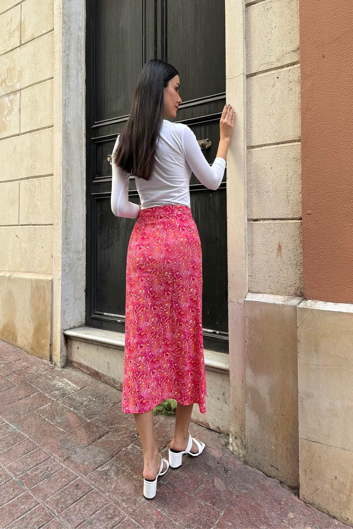 FOR YOU MODA-Natural Viscose Double Slit Patterned Fuchsia Skirt 2