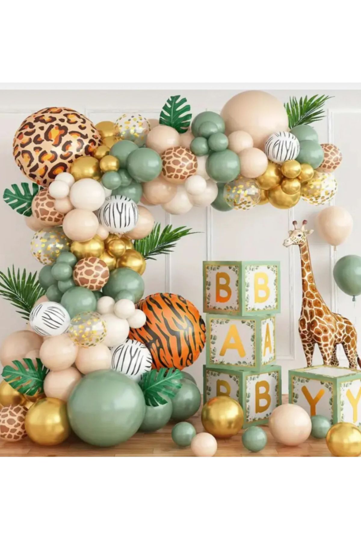 Çemrek Süs Parti Safari Konsept Balon Zinciri Seti Şeffaf Zürafa Desenli Balonlu 103 lü Jumbo Balon Dahil