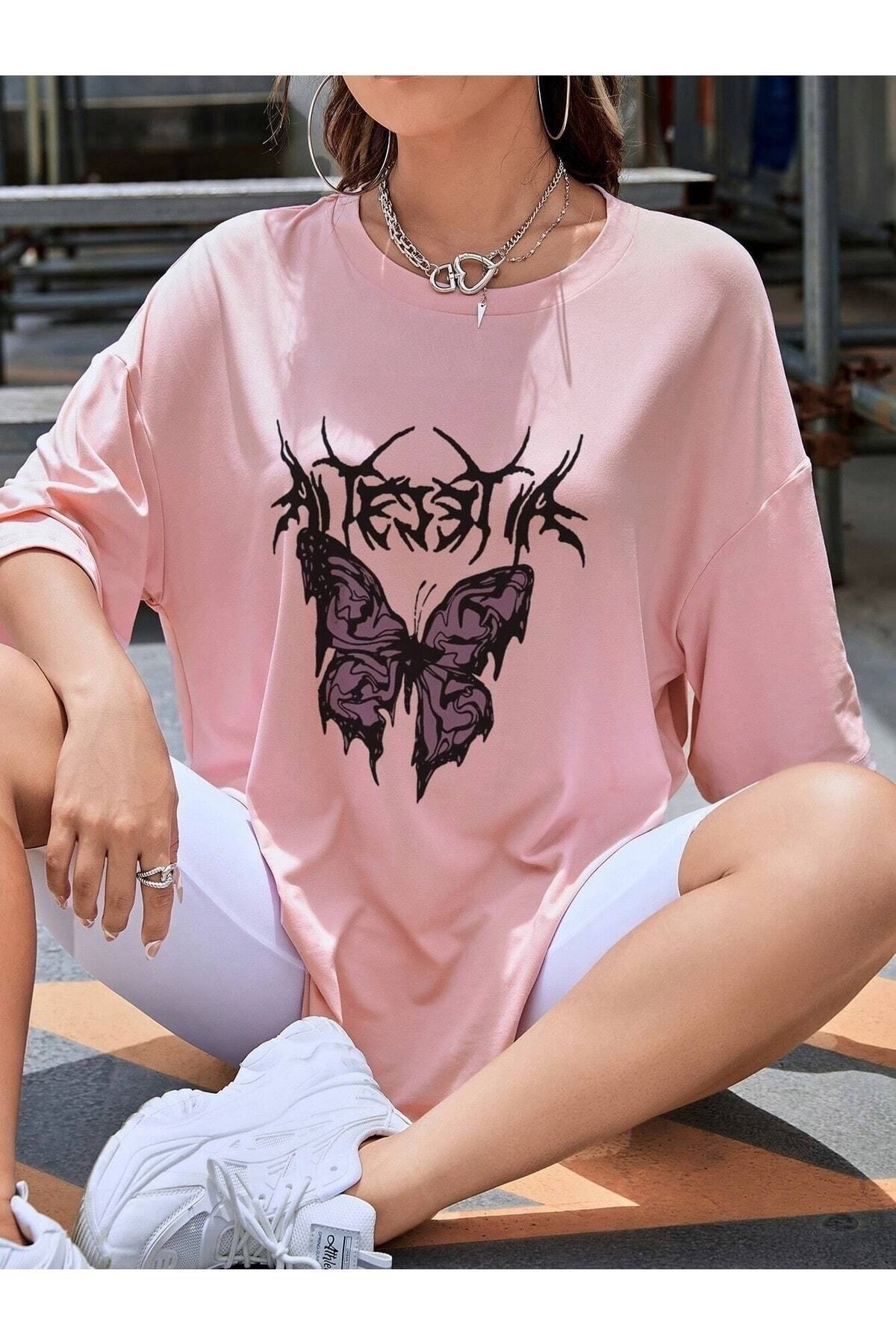 Hunors Sportswear & Company Kadın / Kız Bad Butterfly Baskılı Oversize T-shirt Salaş Boyfirend