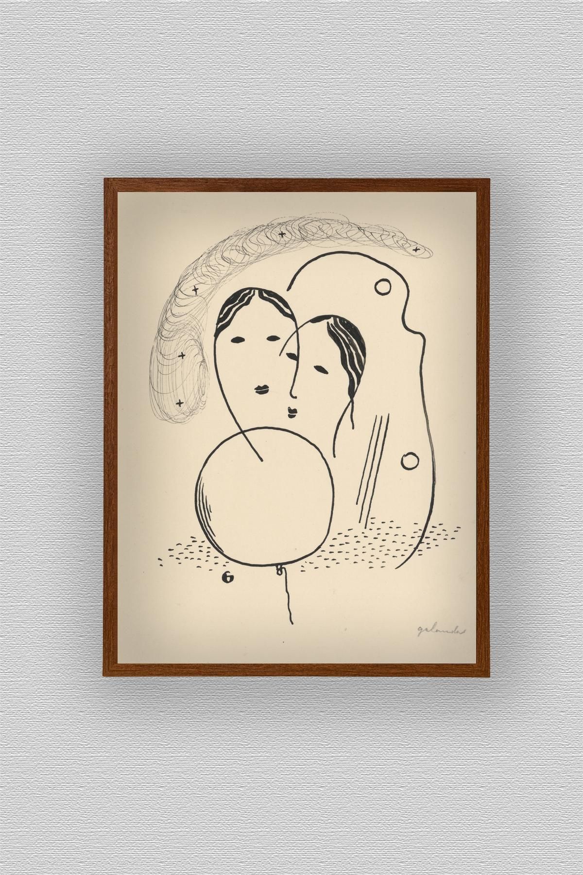 WoodyArts Soyut Yüz Ve Balonlar - Koyu Ahşap Desenli Çerçeve