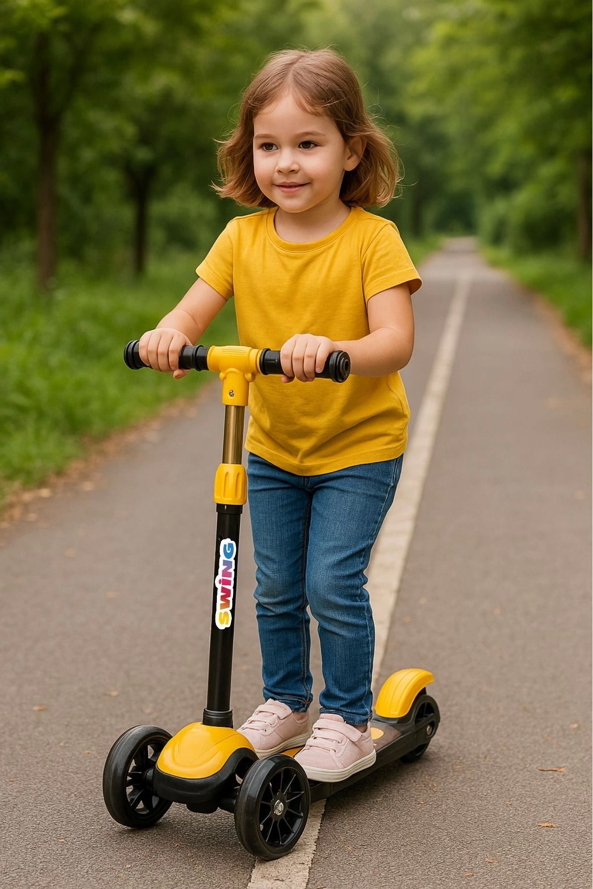 babymiss Işıklı 3 Tekerlekli Çocuk Scooter – 3 Kademeli Yükseklik Ayarı - Sarı