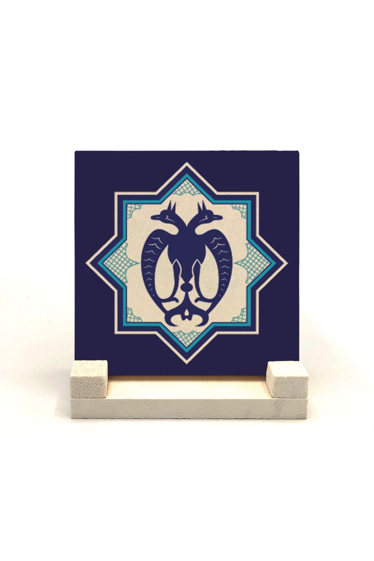 Souvenest Çift Başlı Kartal Figürlü, Anadolu Selçuklu Yıldızı Baskılı Doğaltaş Masaüstlük 10x10 Kd-28