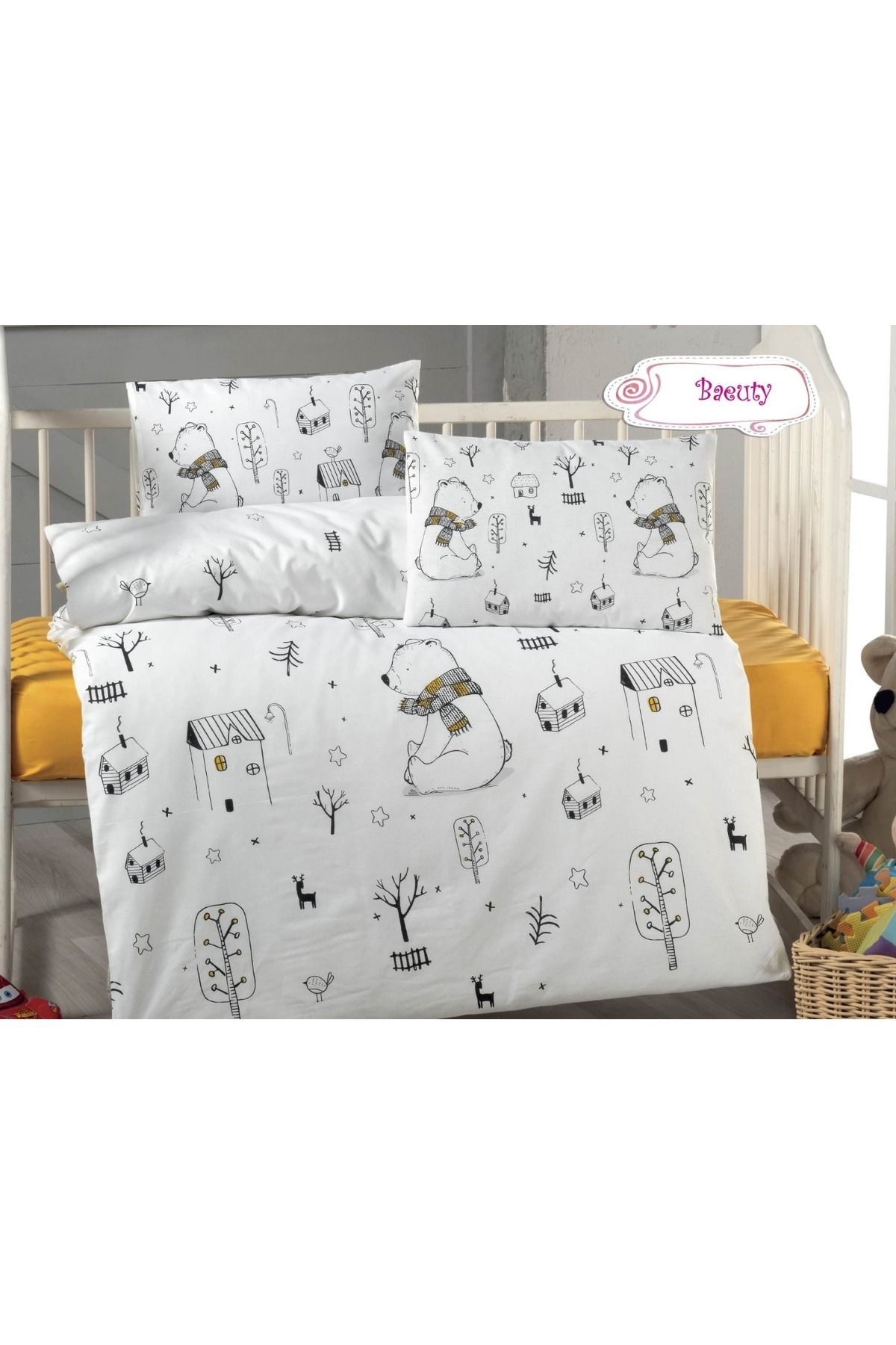 Recos Desenli Bebek Nevresim Set (Nevresim, Çarşaf, 2 Adet Yastık Takım)
