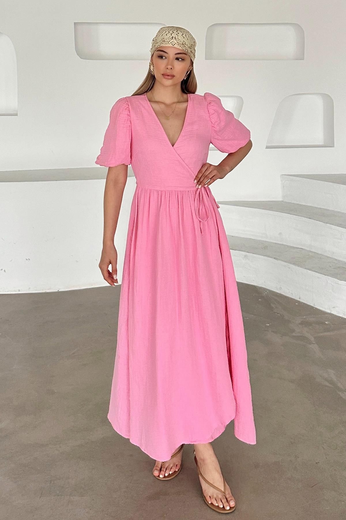 Olcay V Yaka Belden Bağlamalı Müslin Elbise PEMBE 9354-E