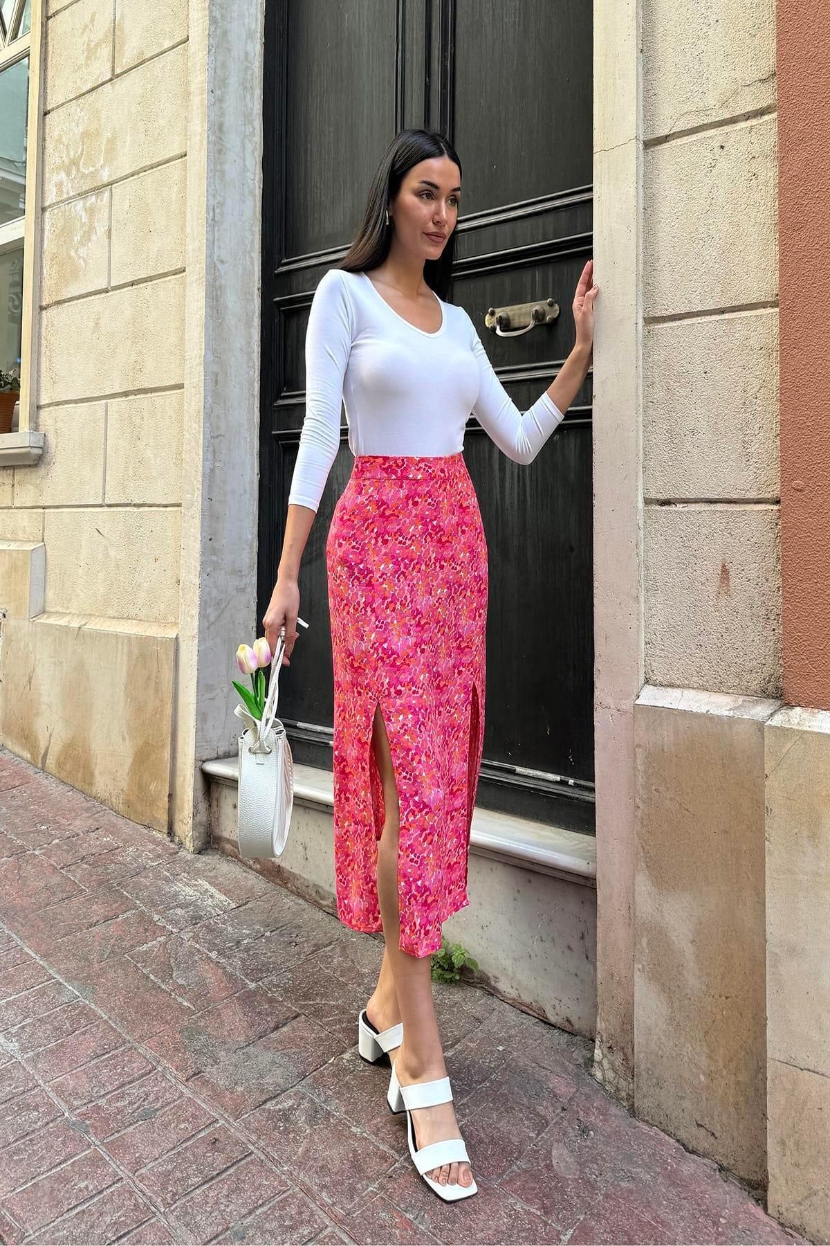 FOR YOU MODA-Natural Viscose Double Slit Patterned Fuchsia Skirt 4