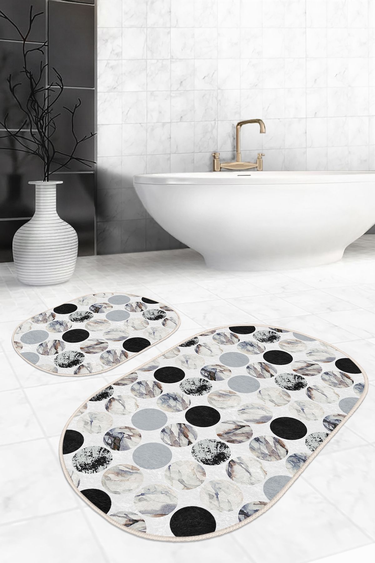 OPC Tekstil Doti Kaymaz Tabanlı Dijital Baskılı 2’li Kadife Banyo Paspas Takımı Halı Seti