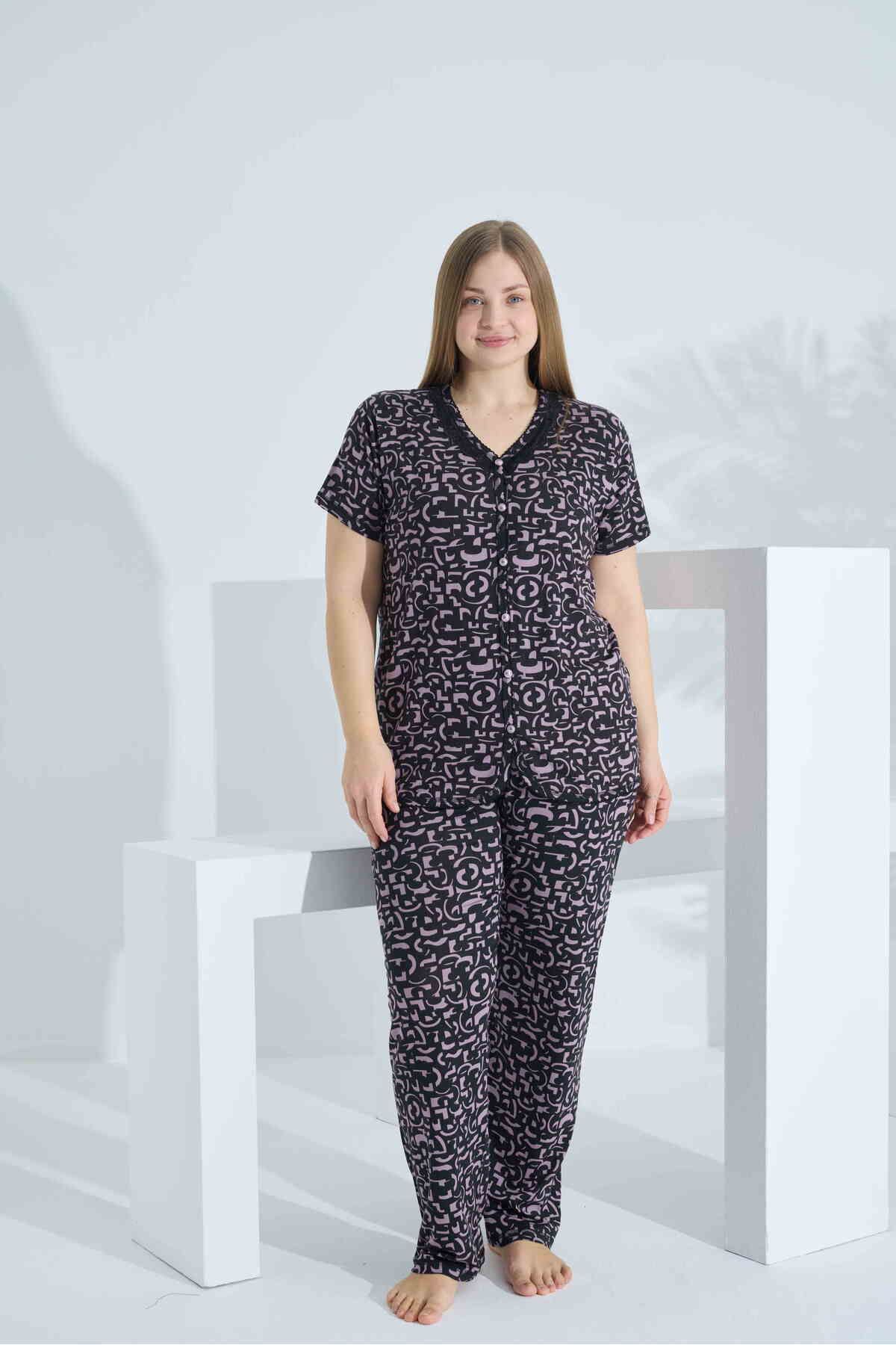 Evia Bambu Kısa Kol Düğmeli Büyük Beden Kadın Pijama Takımı 74058
