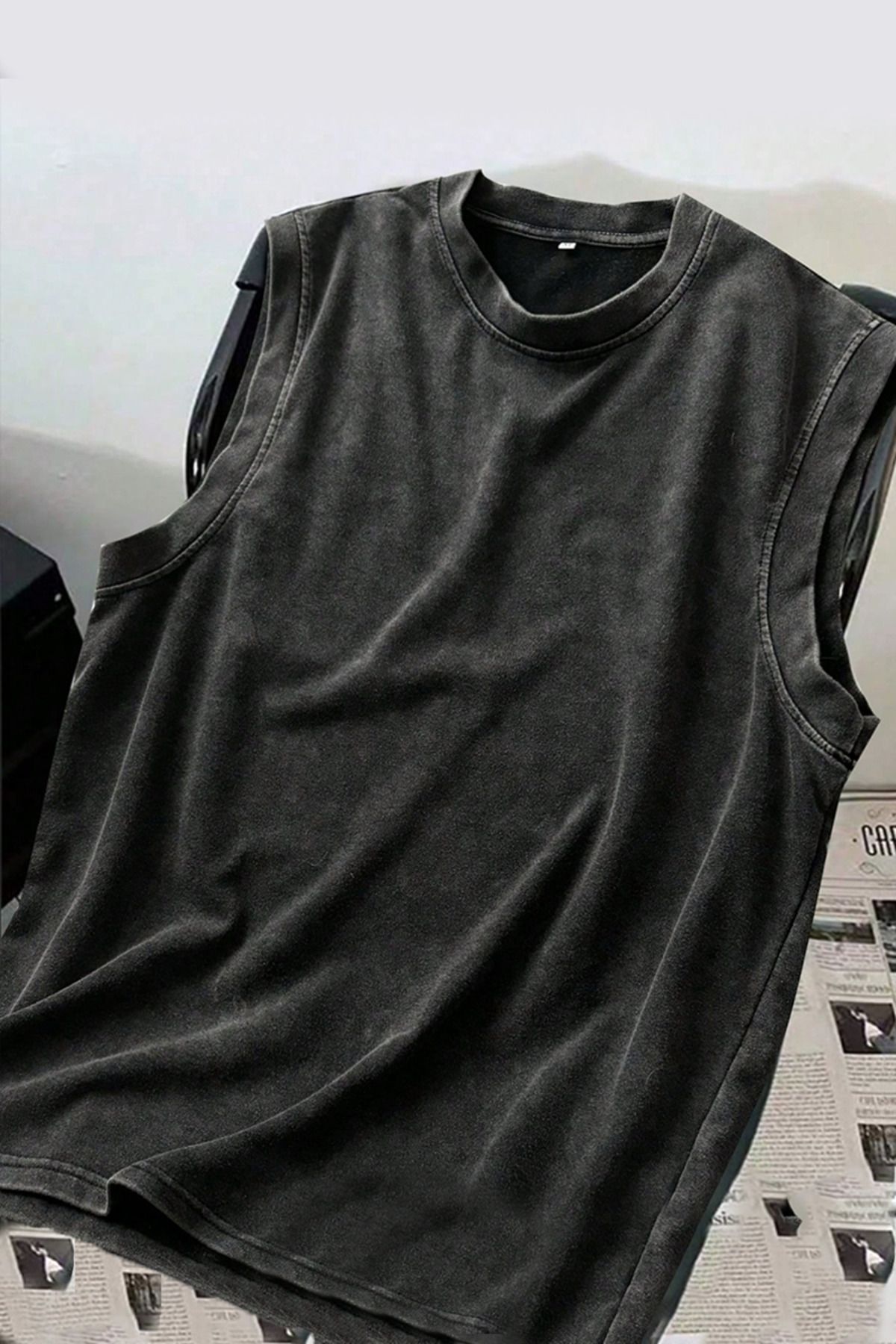 Karakedi Siyah Yıkamalı Harajuku Kolsuz Unisex Kolsuz T-shirt