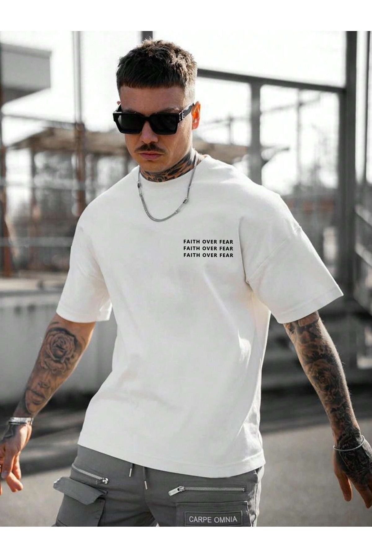 Hunors Sportswear & Company Over Fear T-Shirt - Beyaz Baskılı Oversize Bisiklet Yaka Kısa Kol