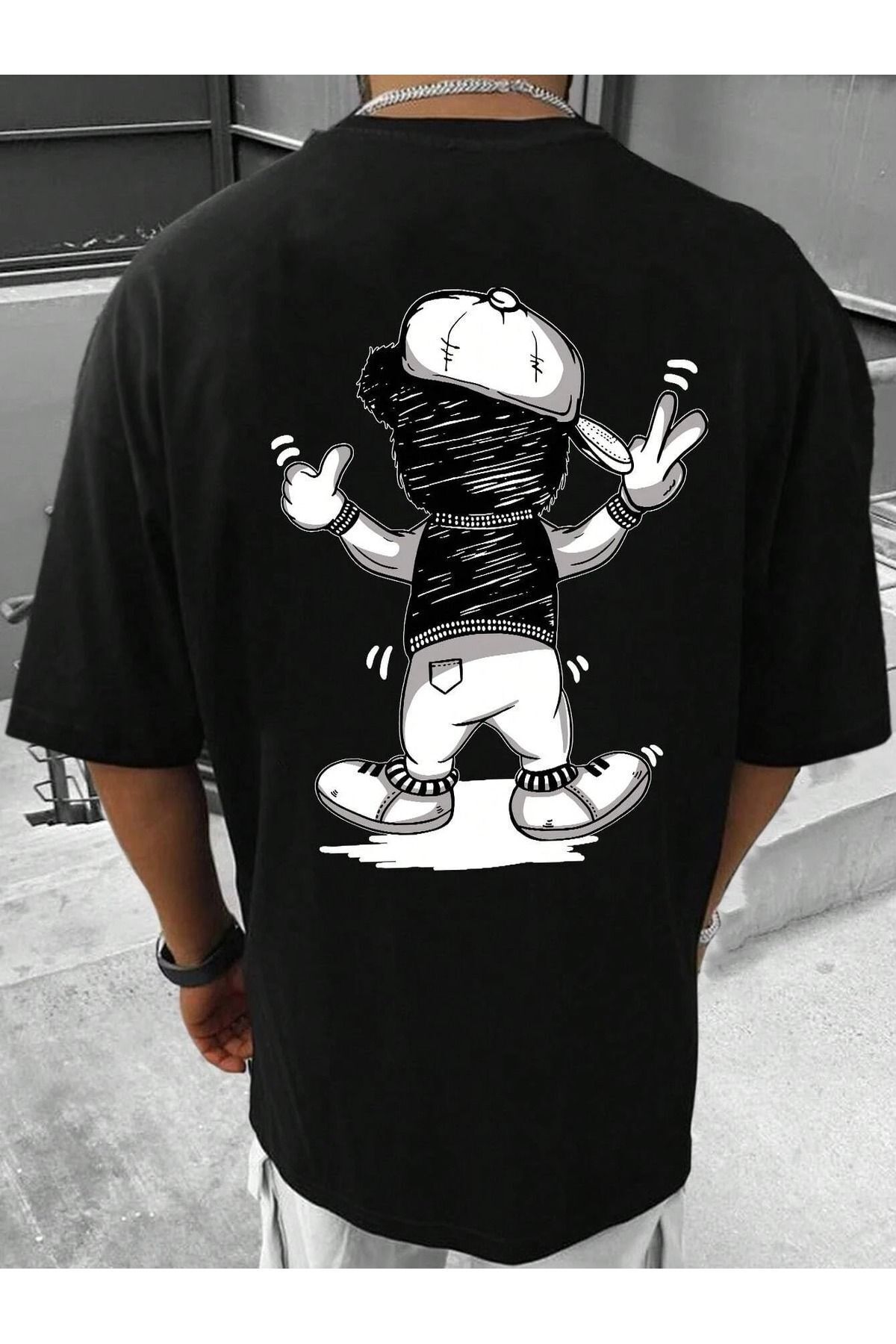 Boi Mini Bear T-Shirt - Siyah Baskılı Oversize Bisiklet Yaka Kısa Kol