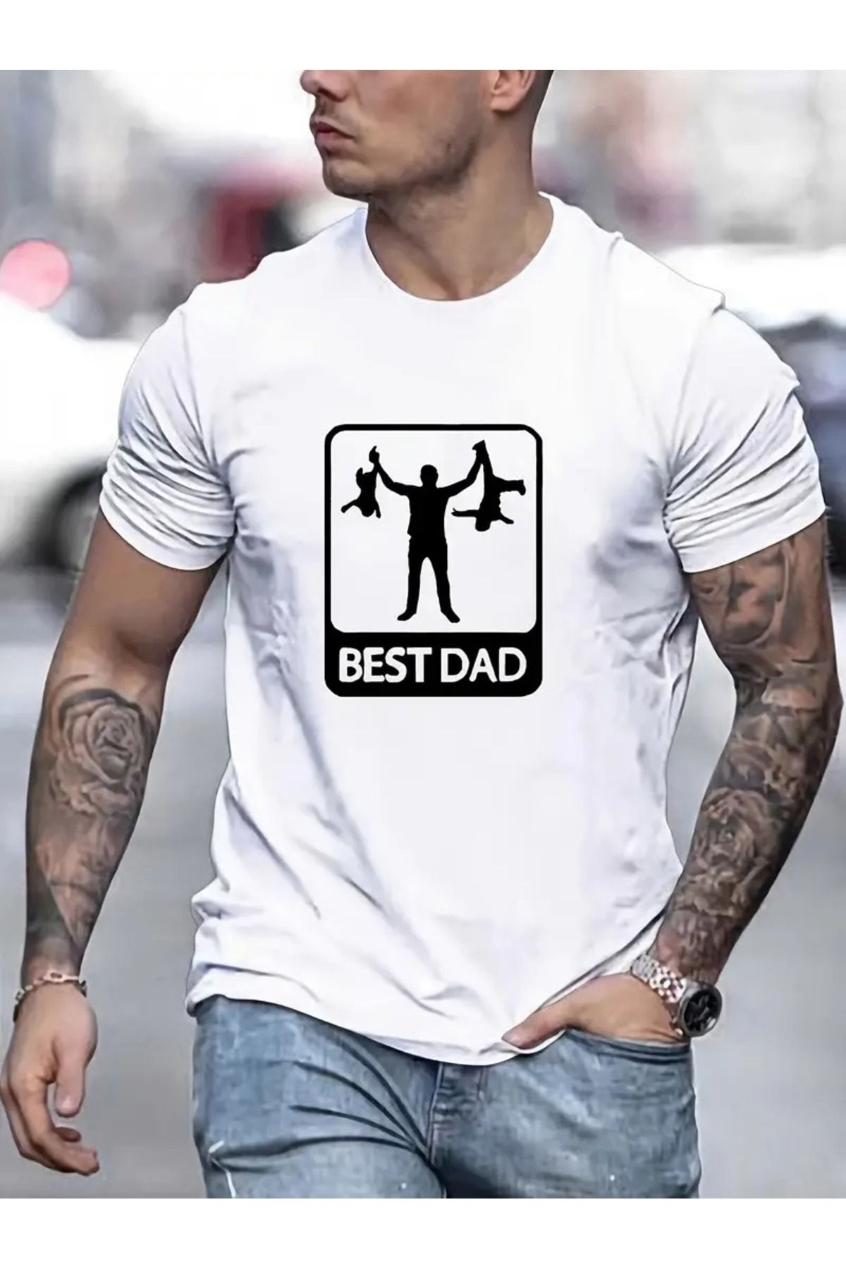 Boi Kadın ve Erkek Süper İkiz Babası Baskılı Bisiklet Yaka Oversize Salaş Boyfirend Siyah T-shirt