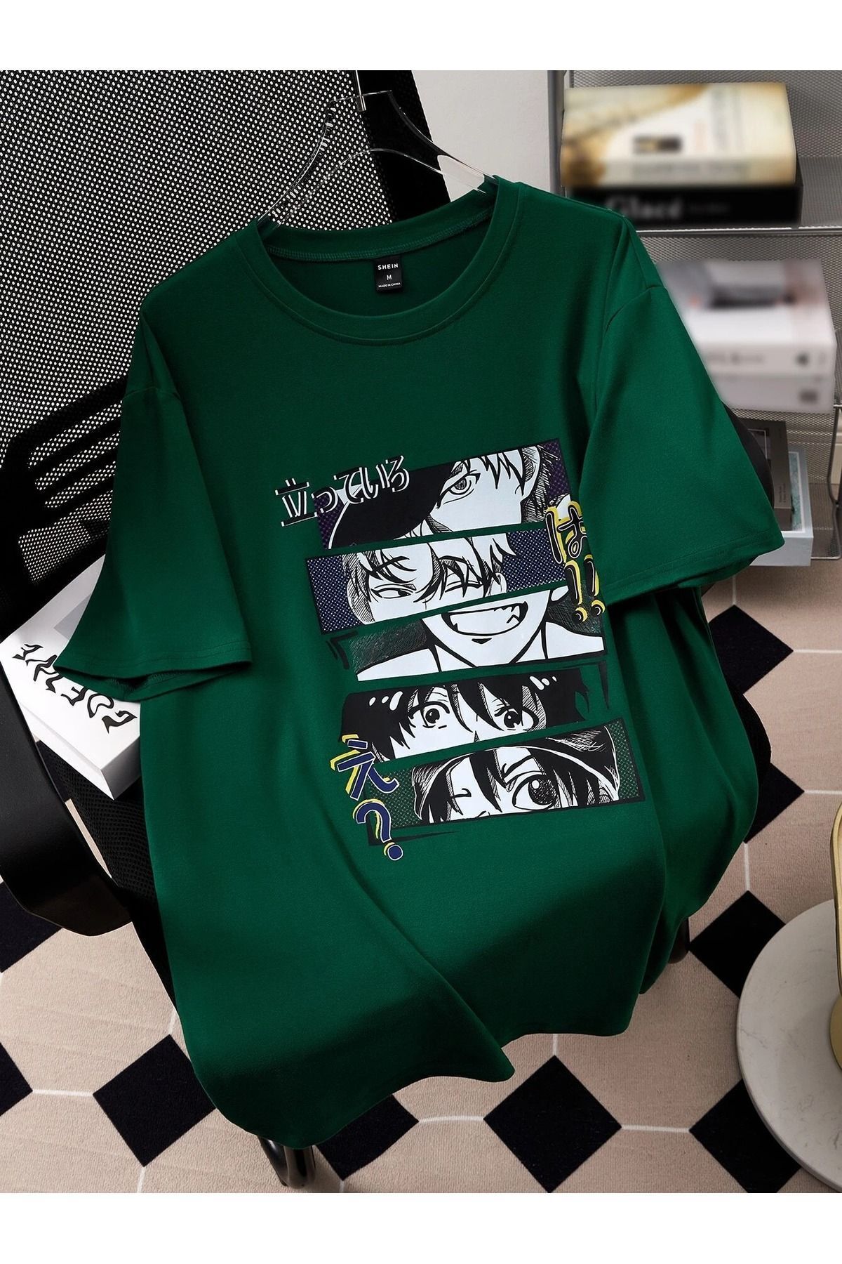 Boi Anime Karekterler T-Shirt - Nefti Yeşil Baskılı Oversize Bisiklet Yaka Kısa Kol